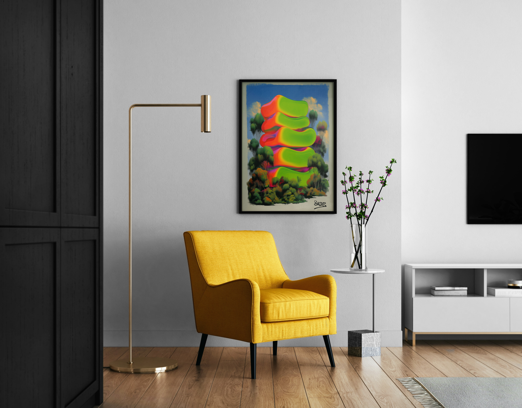 Gestapelte Neon-Formen in Grün und Orange über surrealer Waldlandschaft – psychedelischer Poster im modernen Wohnzimmer