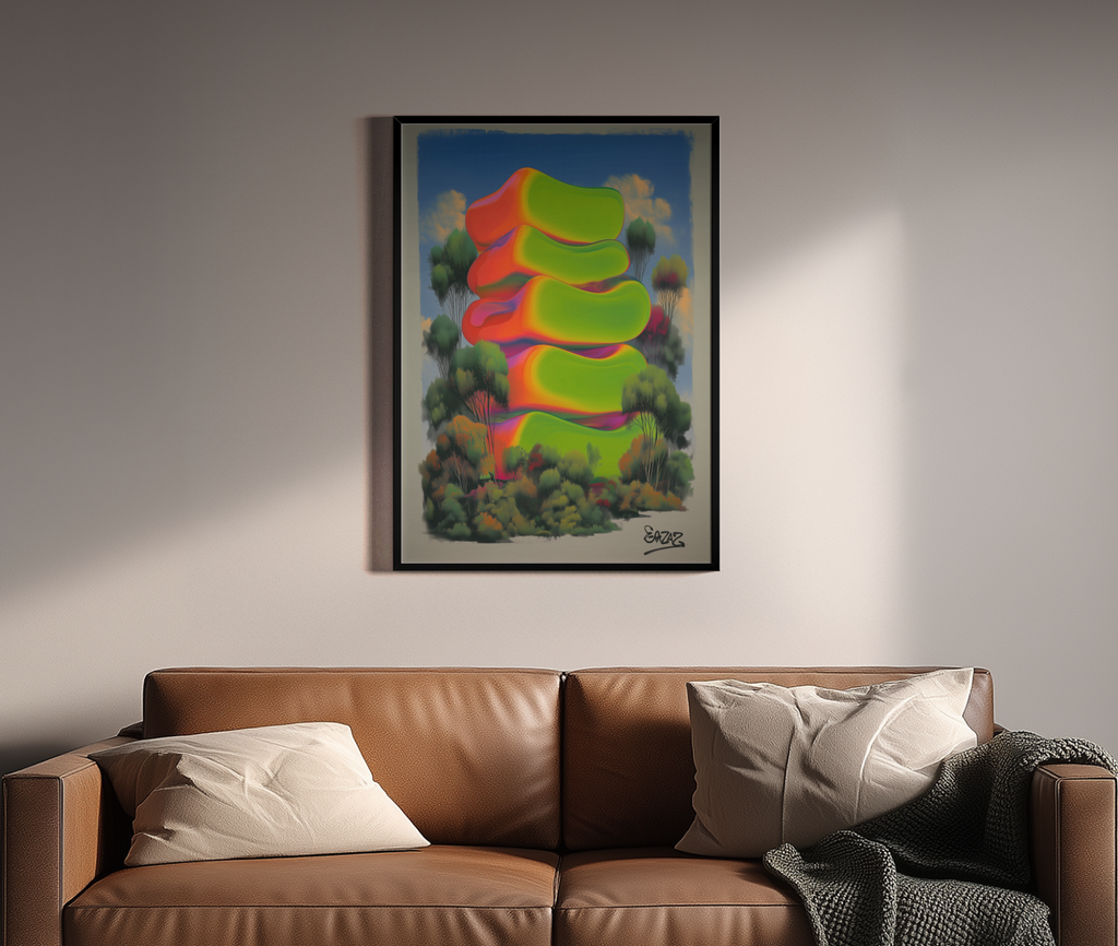 Gestapelte Neon-Formen in Grün und Orange über surrealer Waldlandschaft – Wandbild über braunem Ledersofa