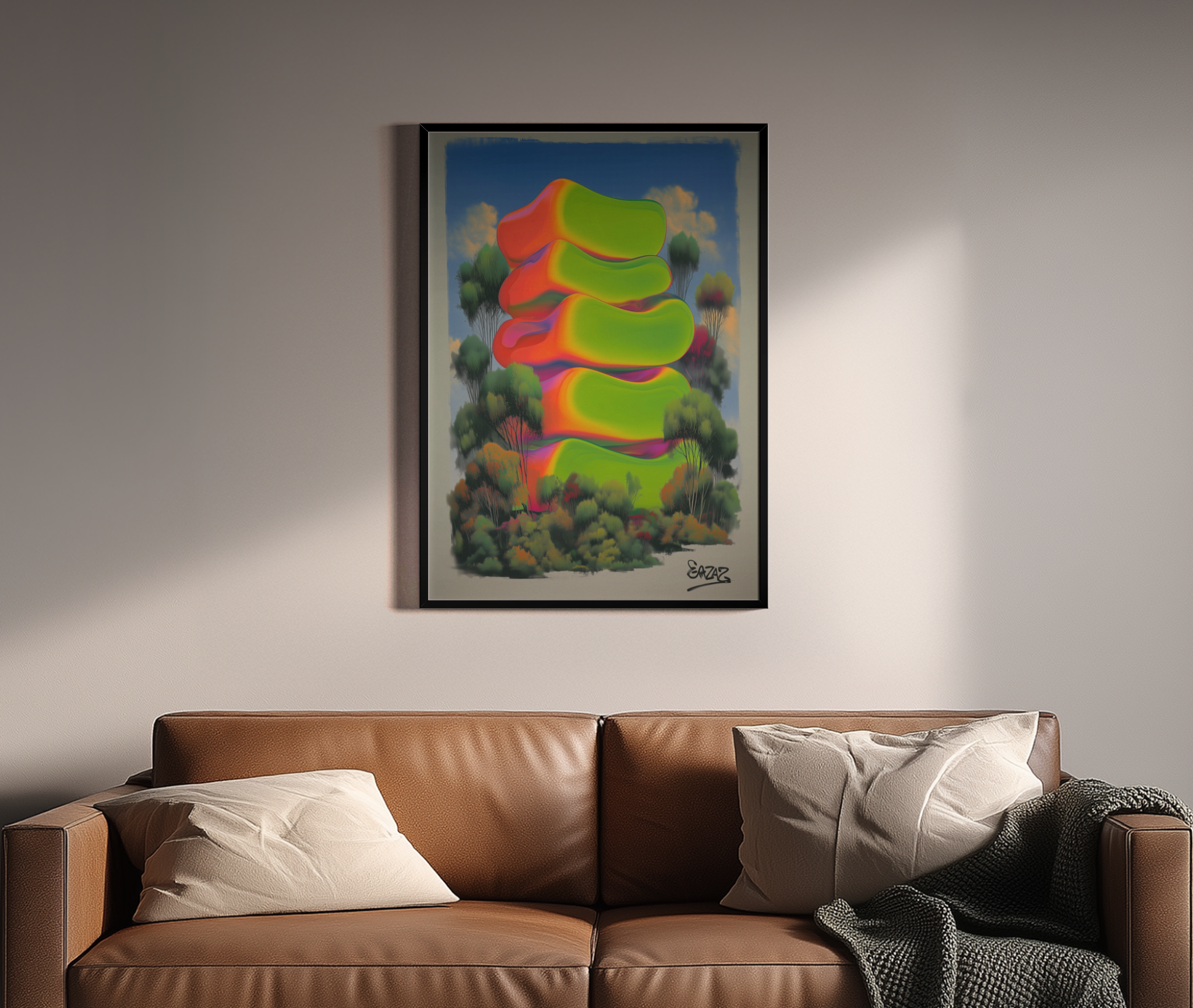 Gestapelte Neon-Formen in Grün und Orange über surrealer Waldlandschaft – Wandbild über braunem Ledersofa