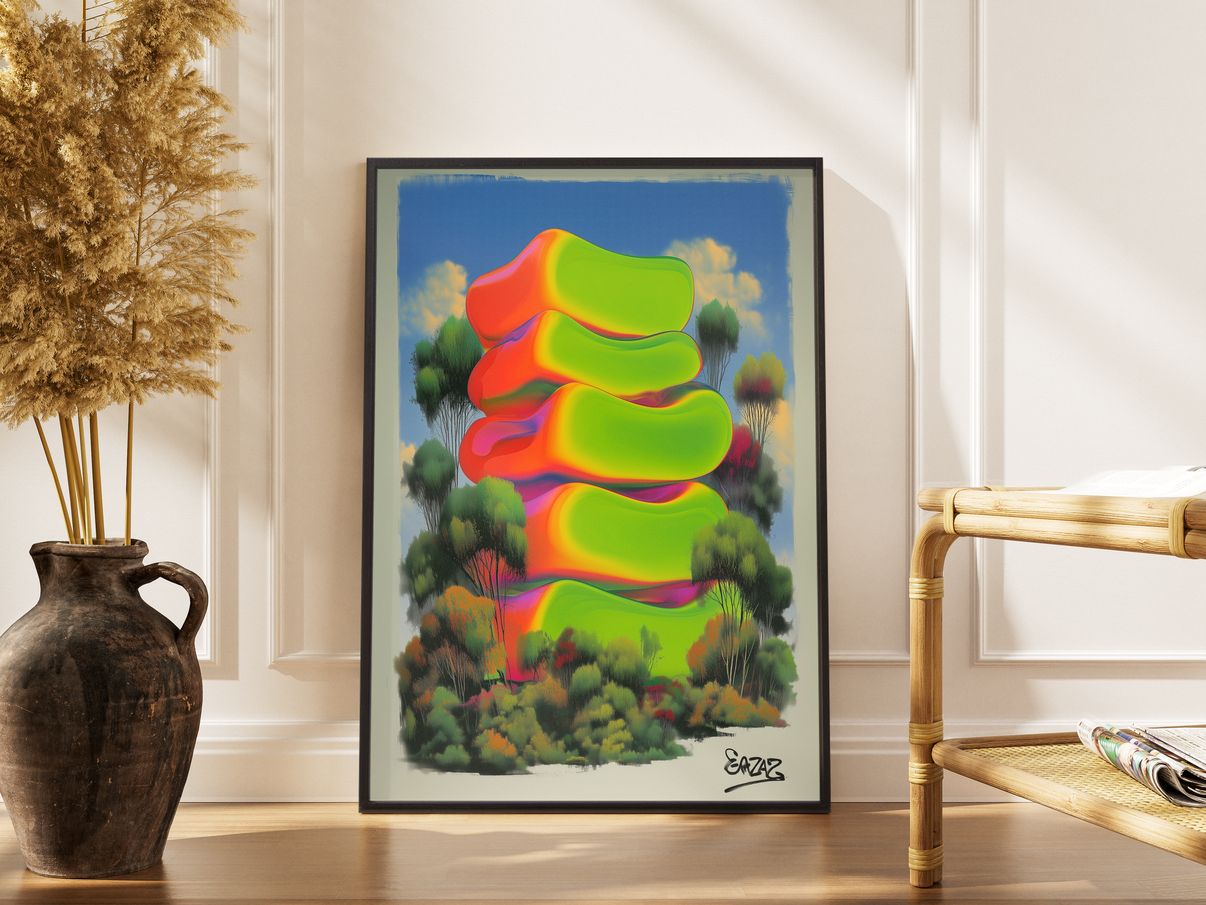 Gestapelte Neon-Formen in Grün und Orange über surrealer Waldlandschaft – gerahmter Fine Art Kunstdruck kaufen