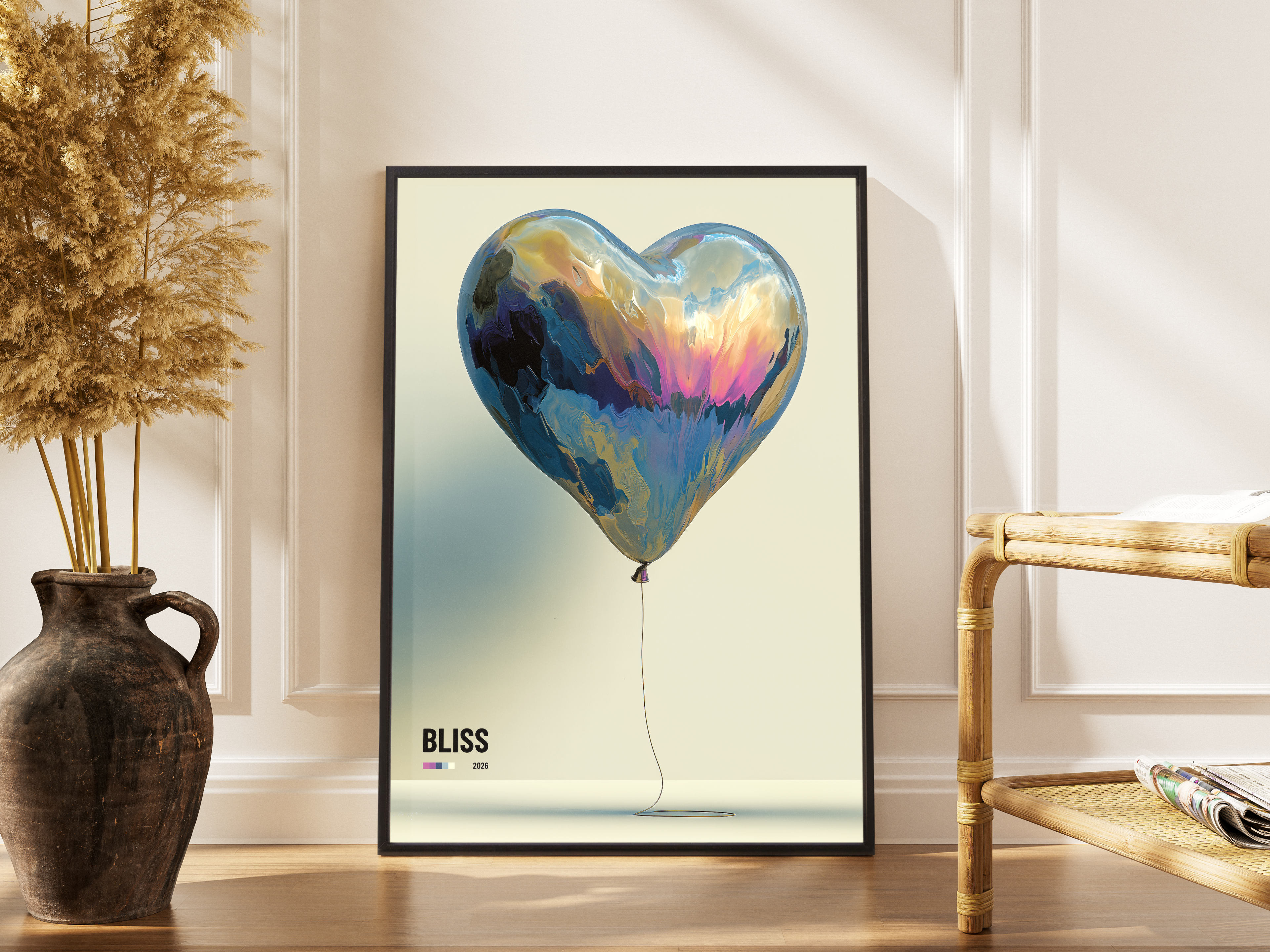 Bliss – Herzballon irisierend gold blau Fine Art | 3D-Illustration-Druck – gerahmtes Poster kaufen