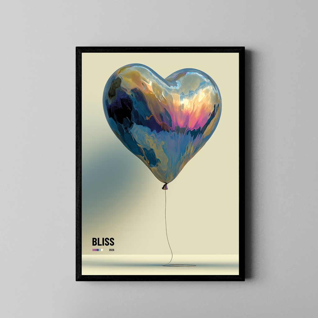 Bliss – irisierender Herzballon marmoriert schwebend | Ölgemälde-Optik – Wandbild über braunem Ledersofa