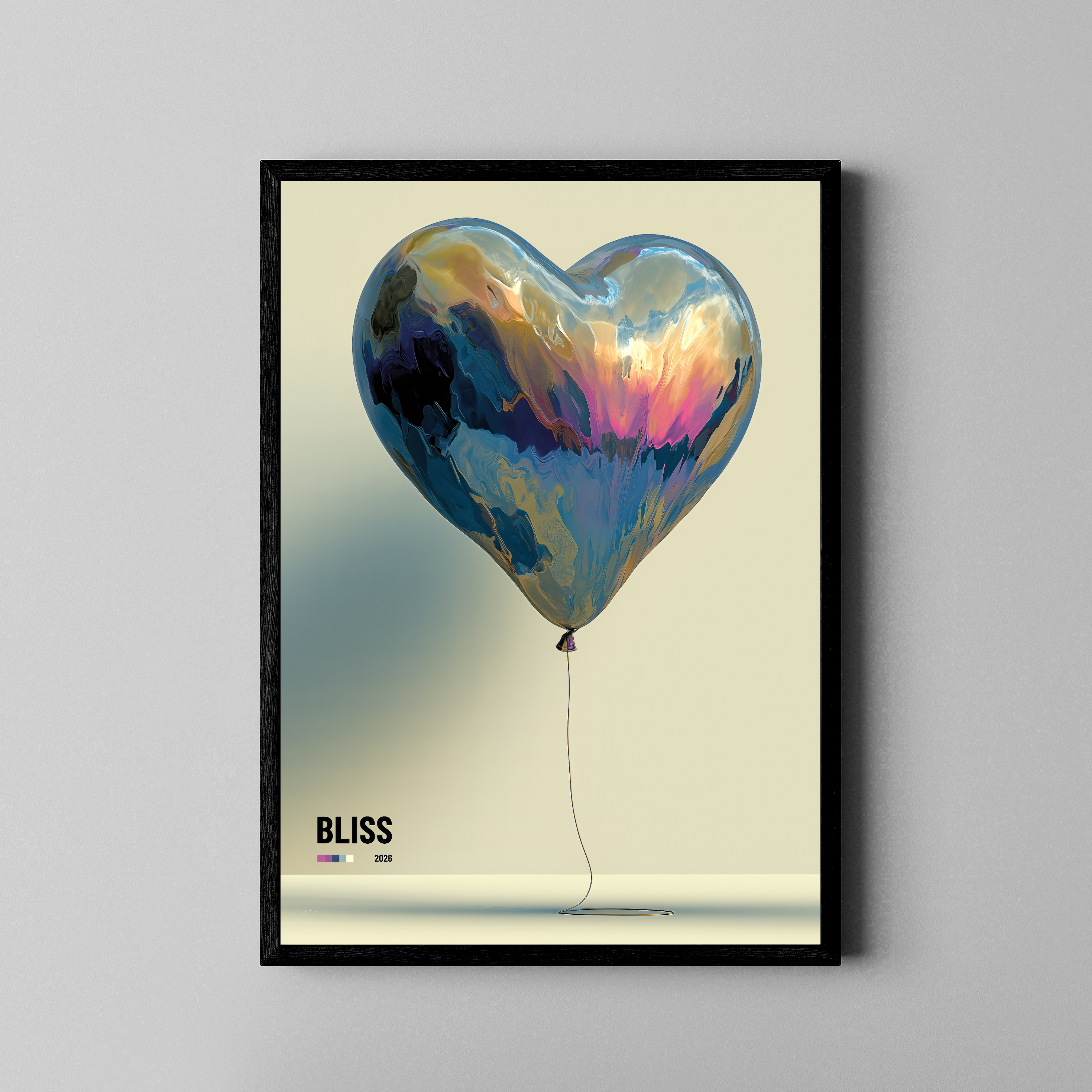 Bliss – irisierender Herzballon marmoriert schwebend | Ölgemälde-Optik – Wandbild über braunem Ledersofa