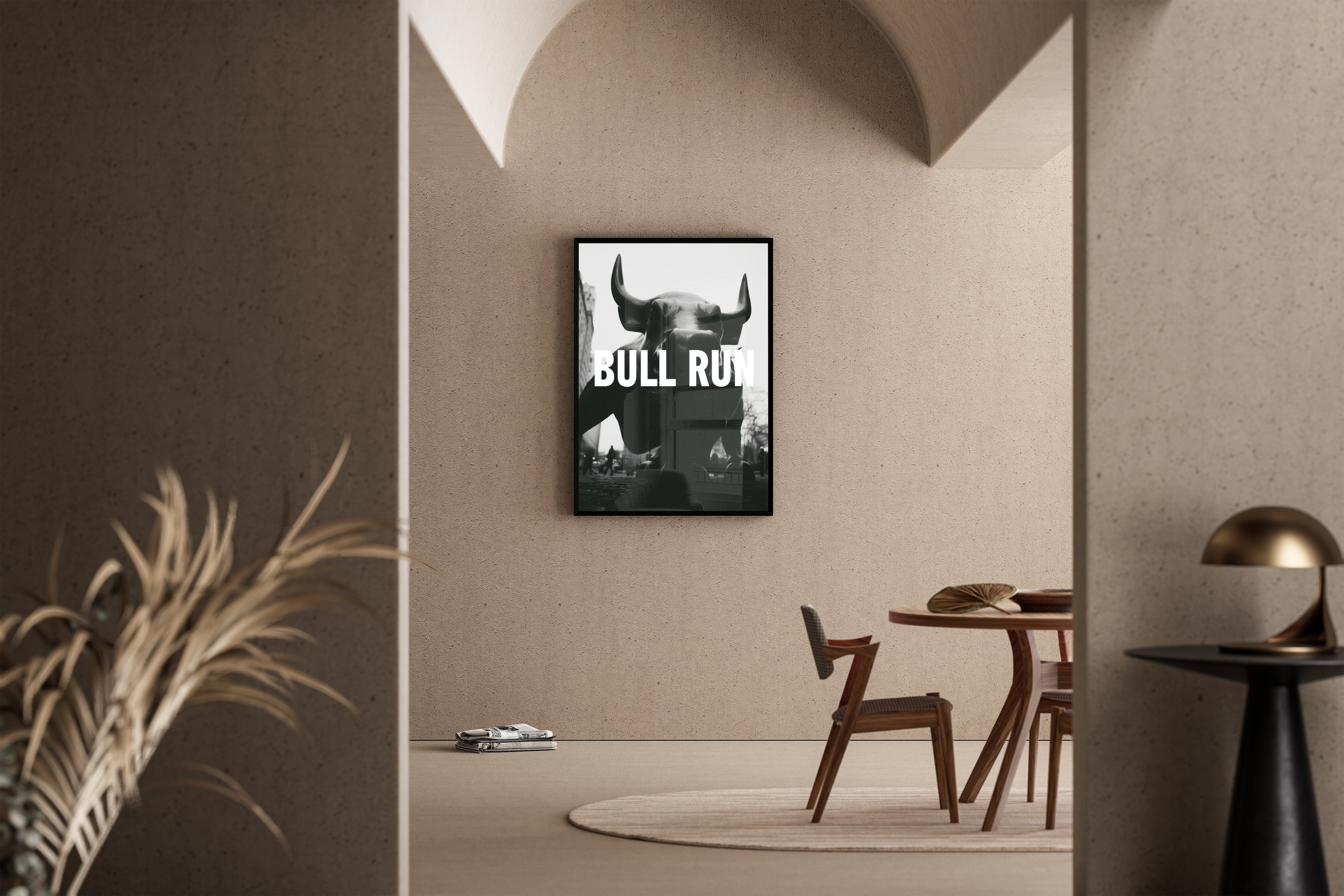 Bull Run – Wall Street Bulle Froschperspektive schwarz weiß | Fotografie-Stil – Poster im Esszimmer