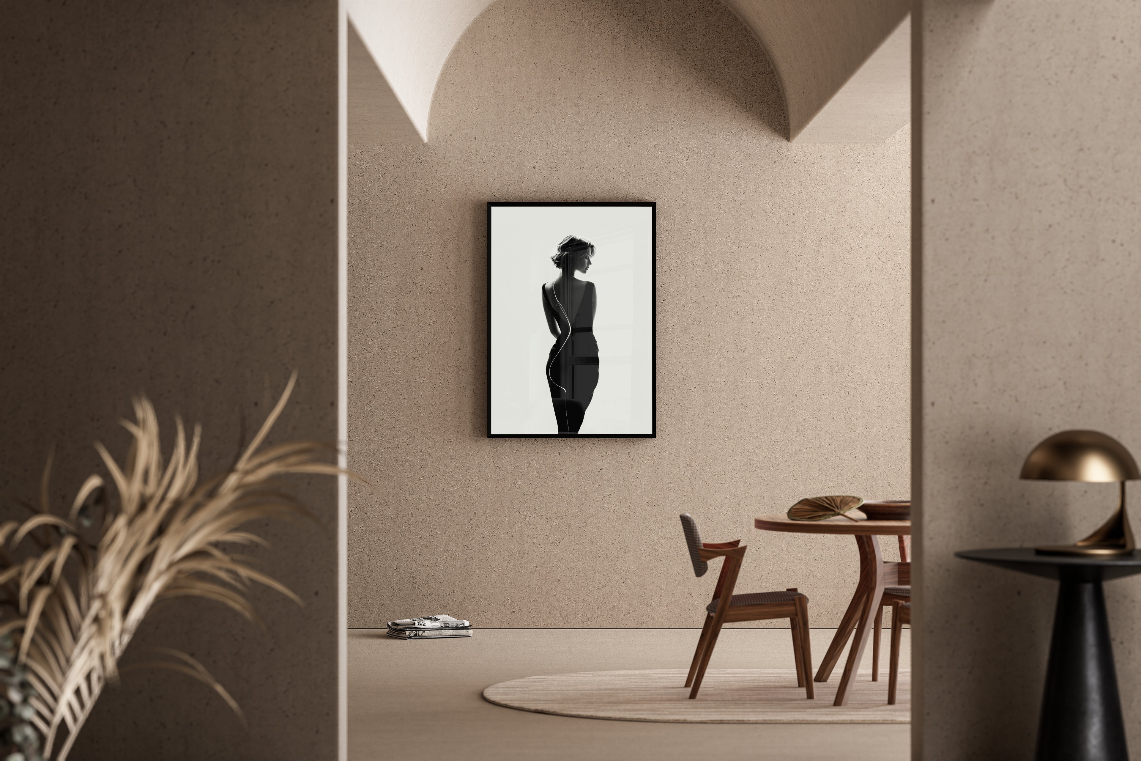 Back to Black – minimalistische Frauenfigur tiefes Schwarz | Fotografie-Kunstdruck – Poster im Esszimmer