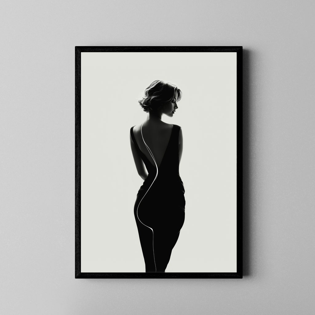 Back to Black – elegante Frauensilhouette schwarzes Kleid | Fine Art Fotodruck – Poster im schwarzen Rahmen