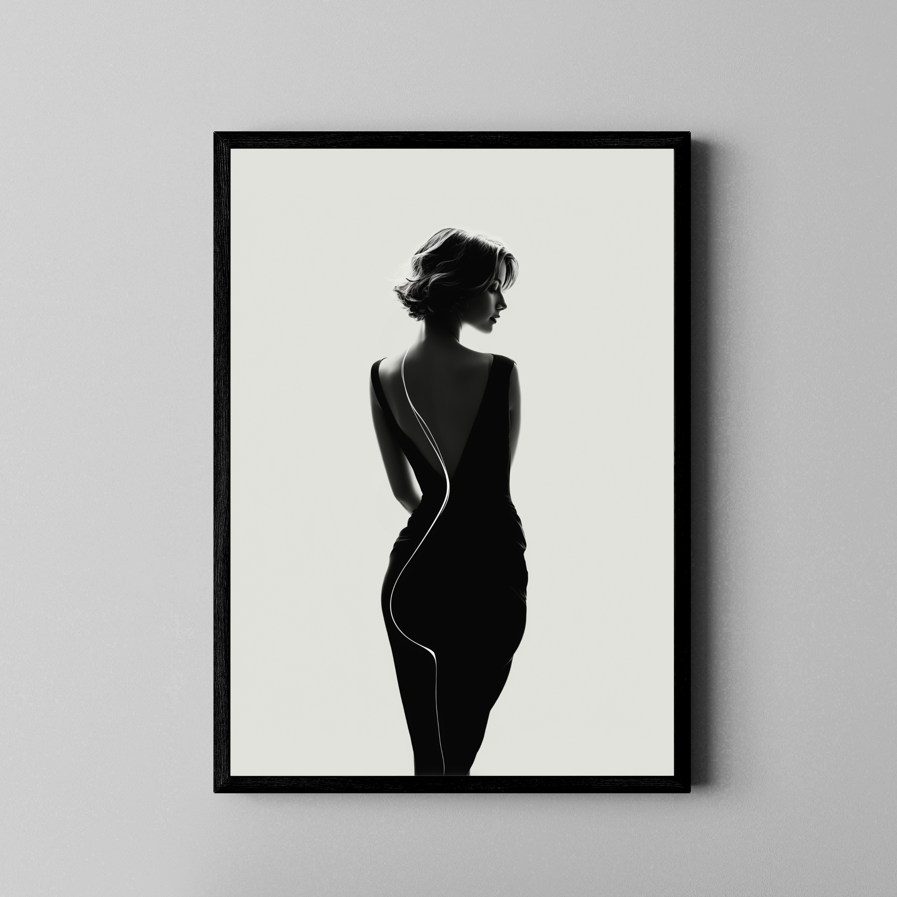 Back to Black – elegante Frauensilhouette schwarzes Kleid | Fine Art Fotodruck – Poster im schwarzen Rahmen