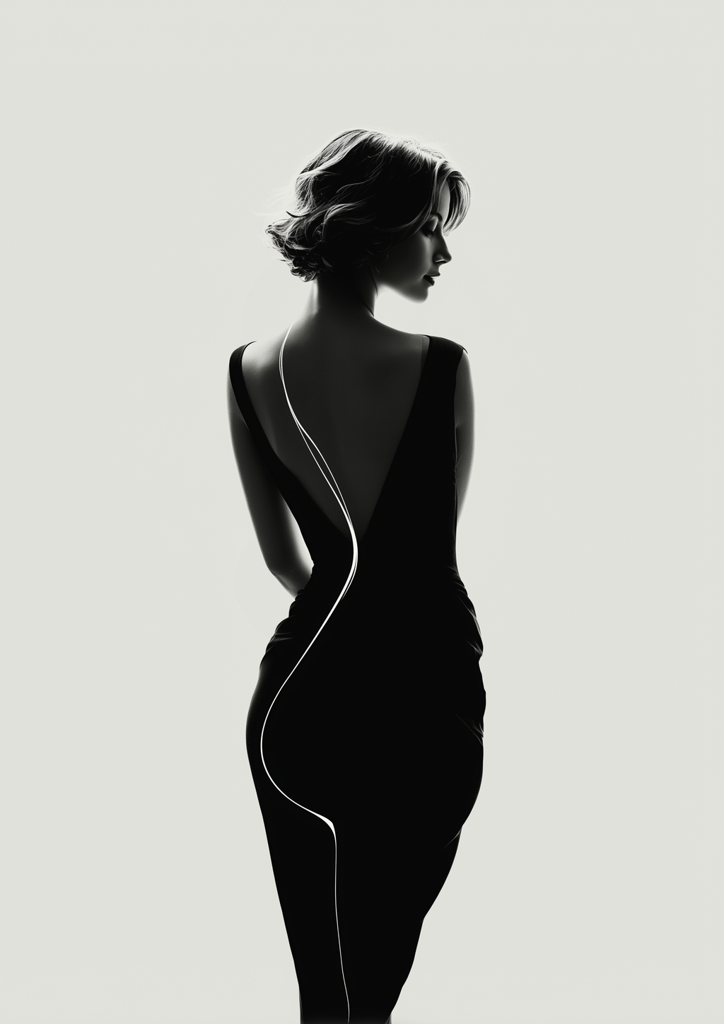 Back to Black – Frau im rückenfreien Abendkleid Silhouette | Fotografie-Optik – eleganter Kunstdruck