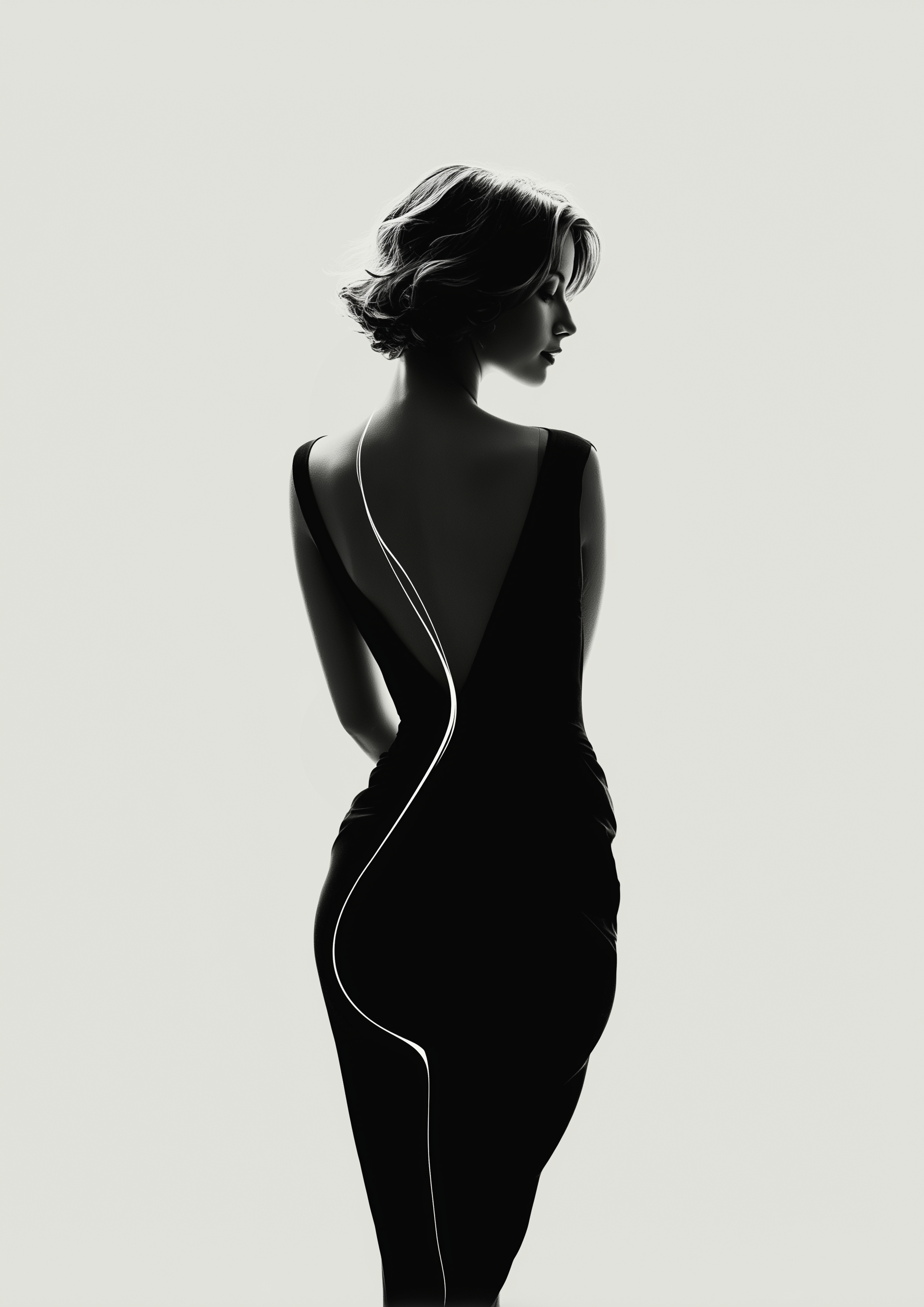 Back to Black – Frau im rückenfreien Abendkleid Silhouette | Fotografie-Optik – eleganter Kunstdruck