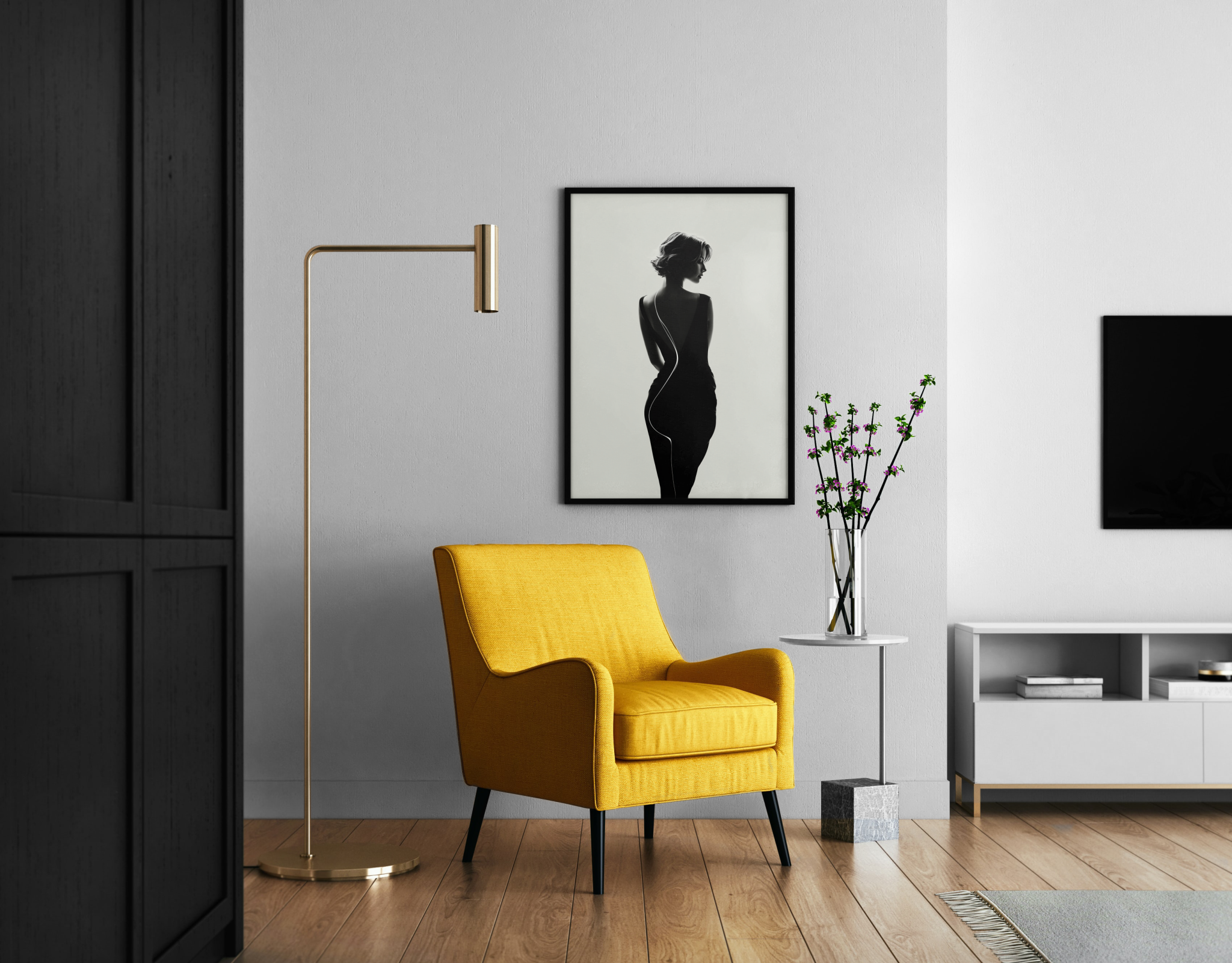 Back to Black – elegante Silhouette rückenfreies Kleid Lichtlinie | Modefotografie-Stil – Wandbild im modernen Wohnzimmer