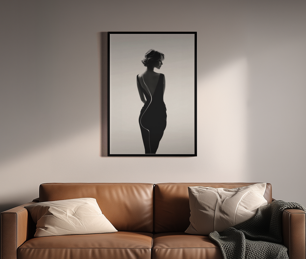 Back to Black – Schwarzweiß-Silhouette Frau von hinten | Chiaroscuro-Stil – Wandbild über braunem Ledersofa