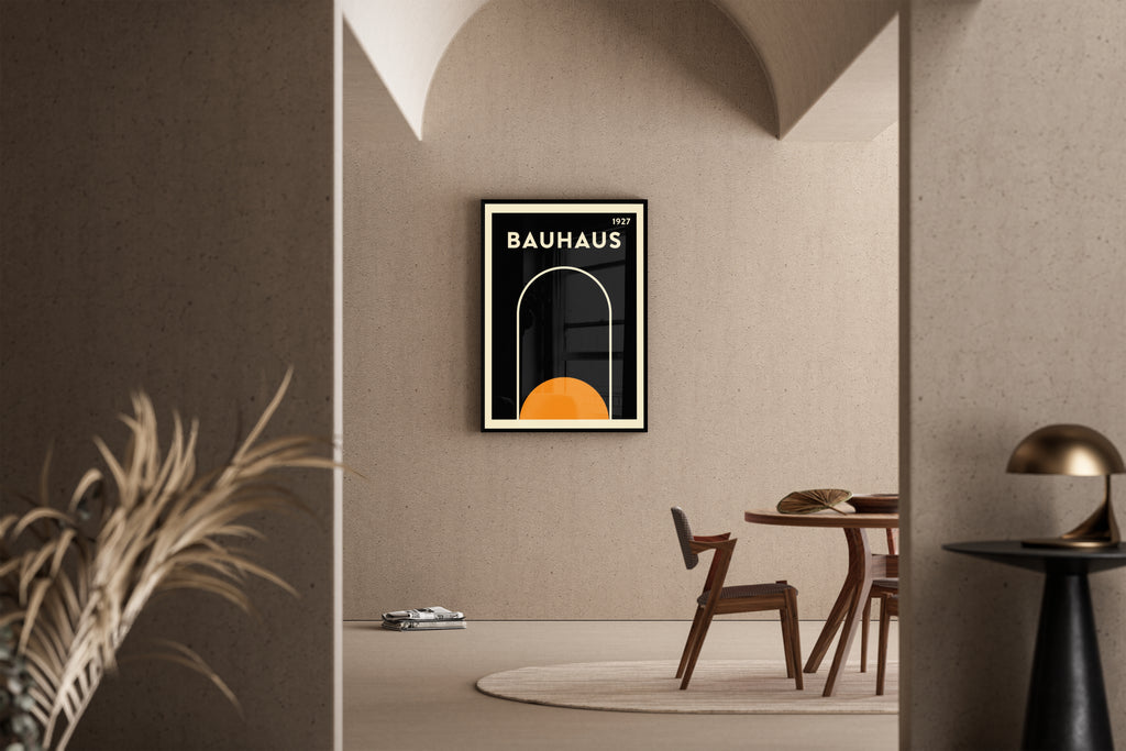 Bauhaus – Arch – Geometrischer Bogen orangefarbene Sonne minimalistisch 1927 | Bauhaus-Design-Kunstdruck – Poster im Esszimmer