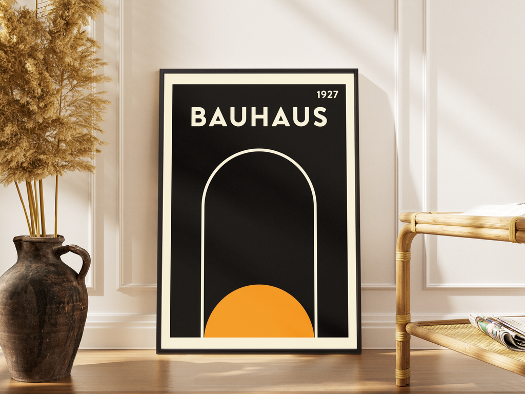 Bauhaus – Arch – Ikonisches Bogendesign Bauhaus 1927 Orange Schwarzer Grund | Bauhaus-Retro-Poster – gerahmtes Poster kaufen