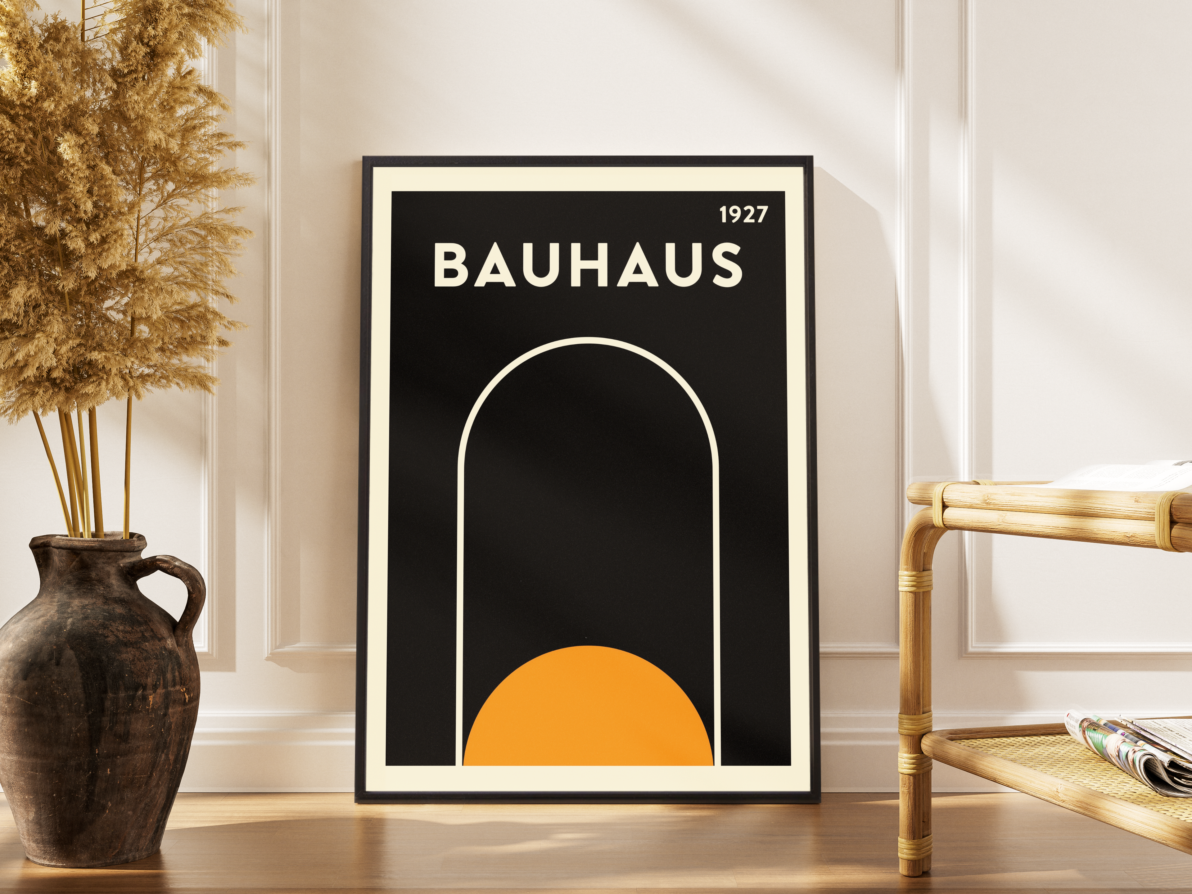 Bauhaus – Arch – Ikonisches Bogendesign Bauhaus 1927 Orange Schwarzer Grund | Bauhaus-Retro-Poster – gerahmtes Poster kaufen