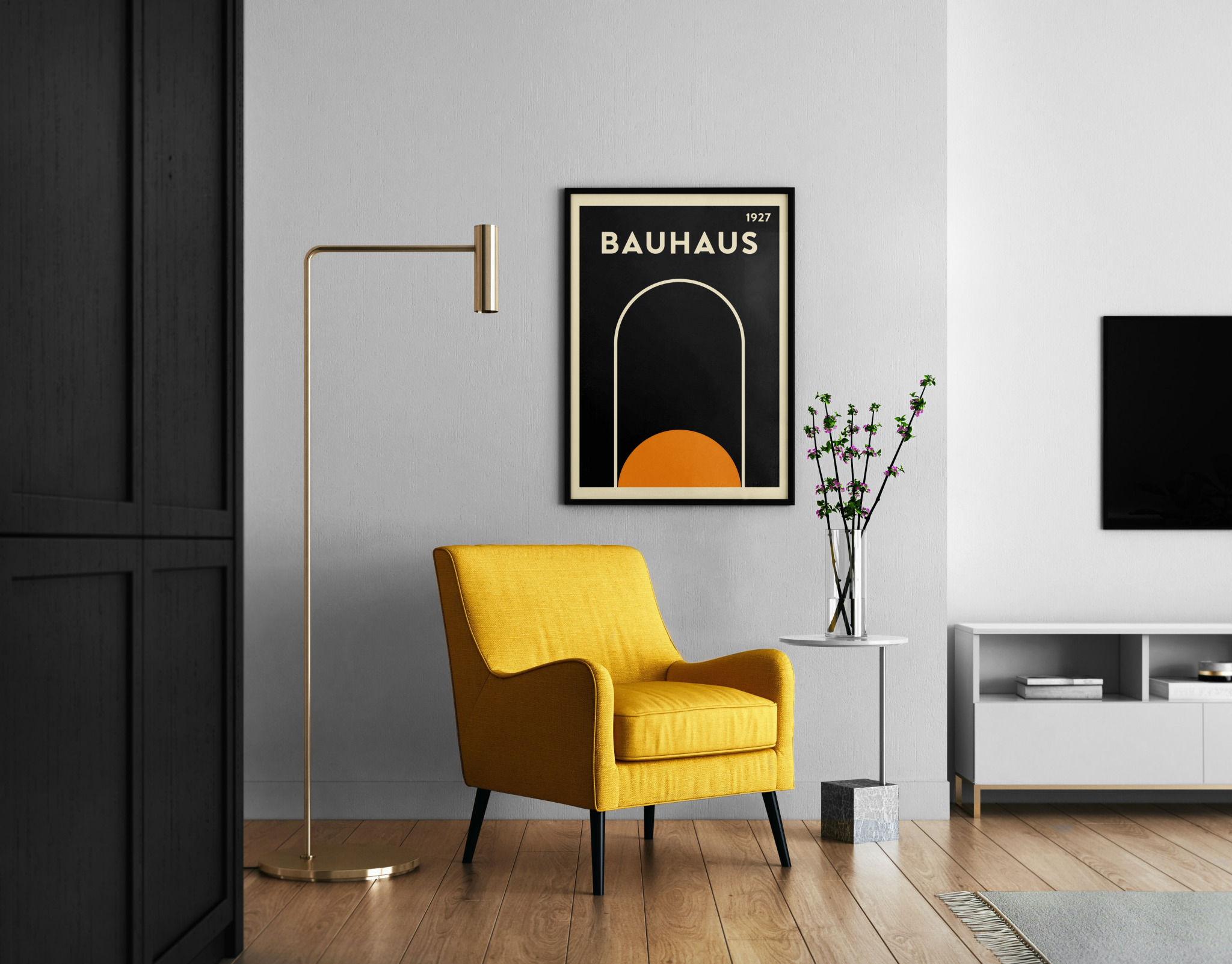 Bauhaus – Arch – Klassisches Bauhausplakat Torbogen Halbkreis Erdtöne | Bauhausschule-Wandbild – Wandbild im modernen Wohnzimmer