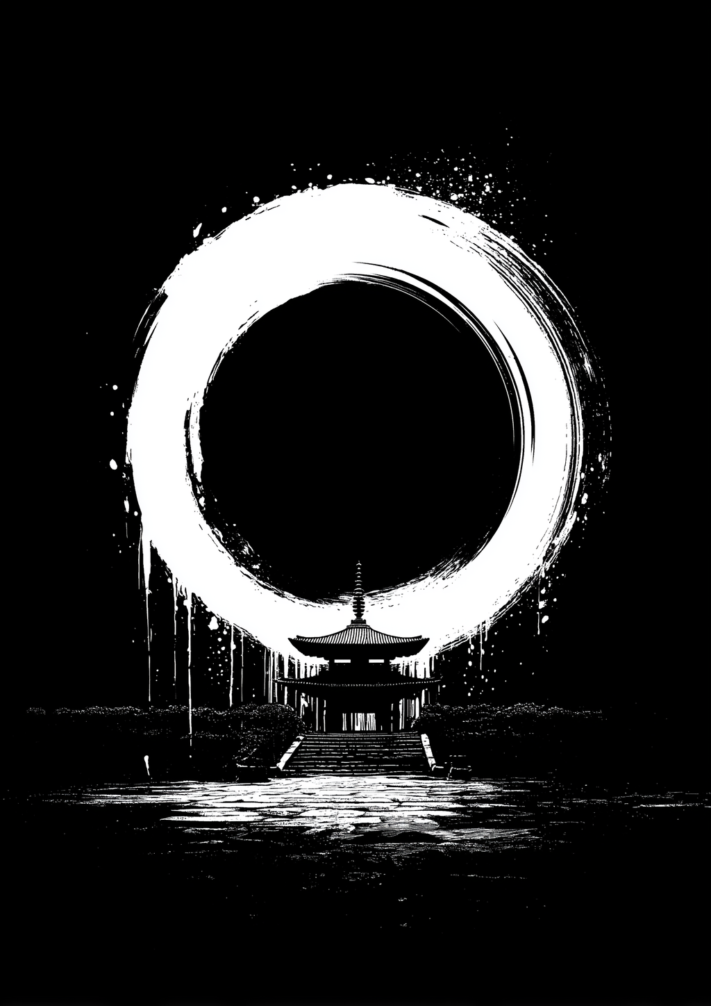 Japanischer Ensō-Kreis über Pagode in Tusche auf Schwarz – minimalistischer Zen Fine Art Kunstdruck