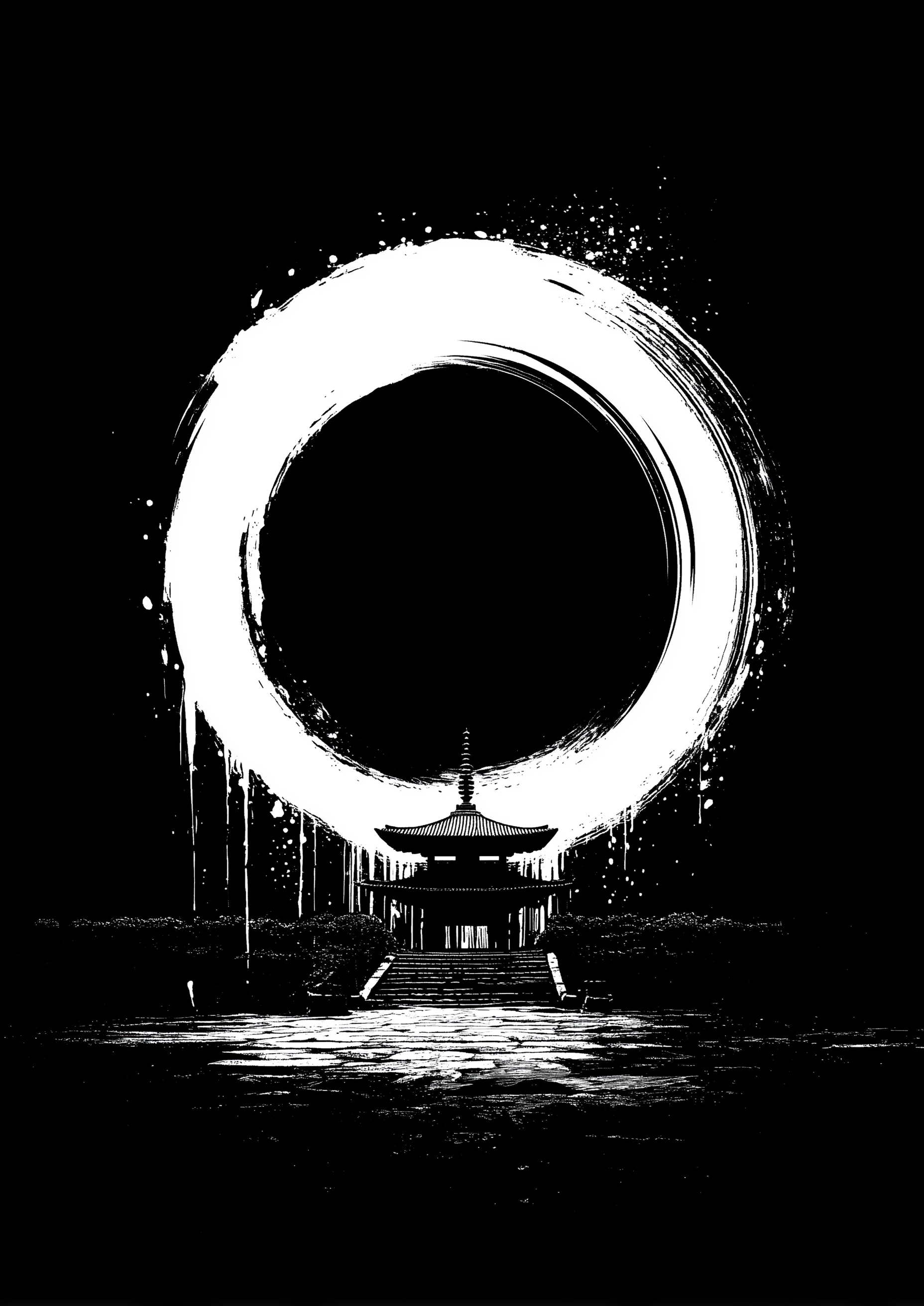 Japanischer Ensō-Kreis über Pagode in Tusche auf Schwarz – minimalistischer Zen Fine Art Kunstdruck