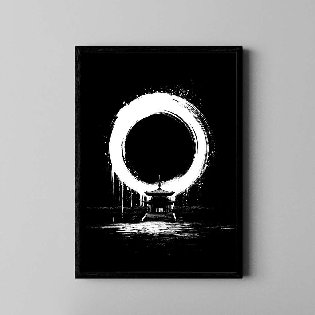 Japanischer Ensō-Kreis über Pagode in Tusche auf Schwarz – Zen Poster im schwarzen Rahmen
