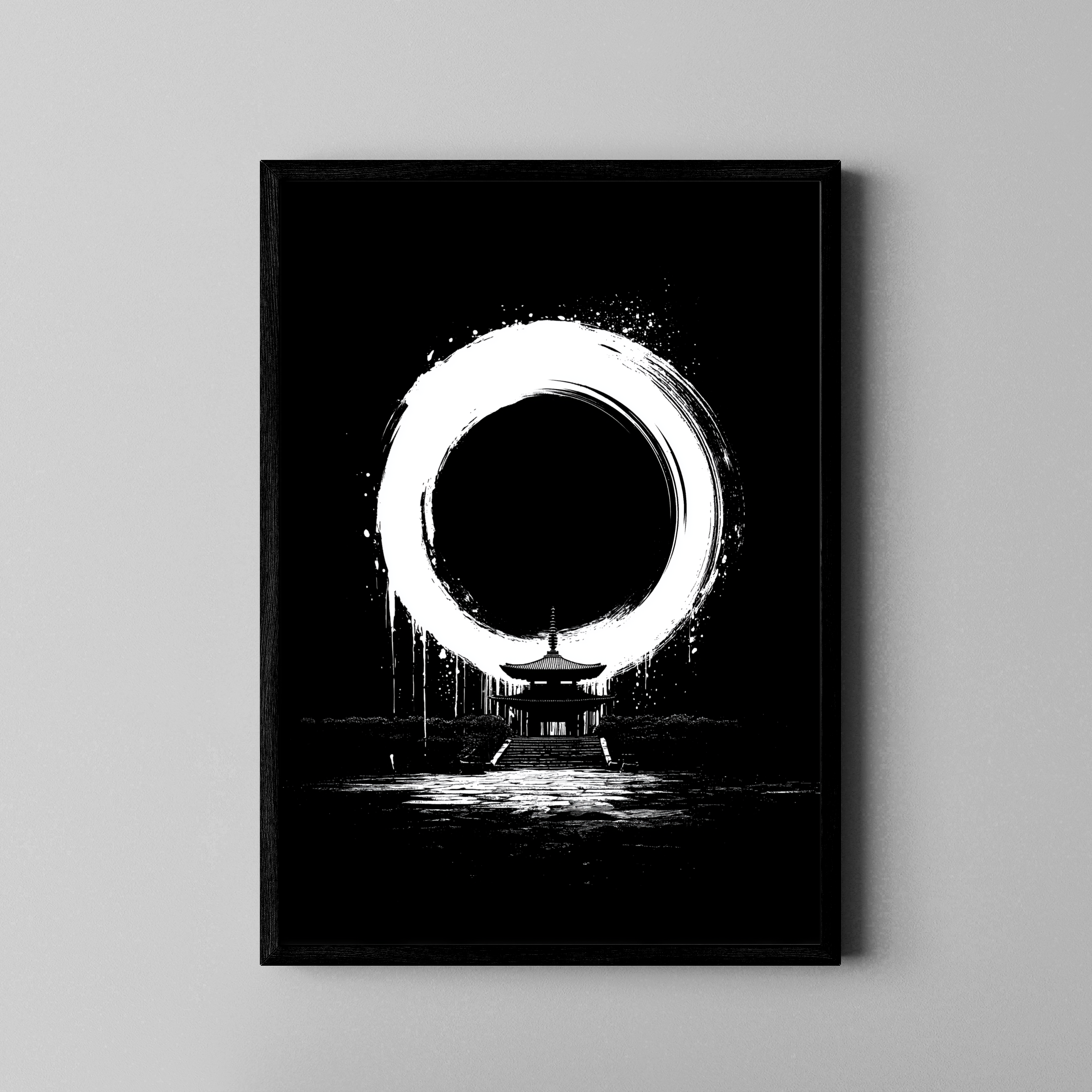 Japanischer Ensō-Kreis über Pagode in Tusche auf Schwarz – Zen Poster im schwarzen Rahmen