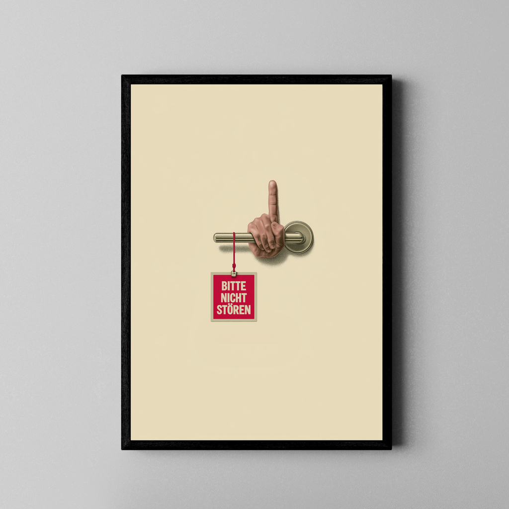 Bitte nicht stören – ironisches DND-Schild Türgriff beige | Illustration-Stil – Poster im schwarzen Rahmen