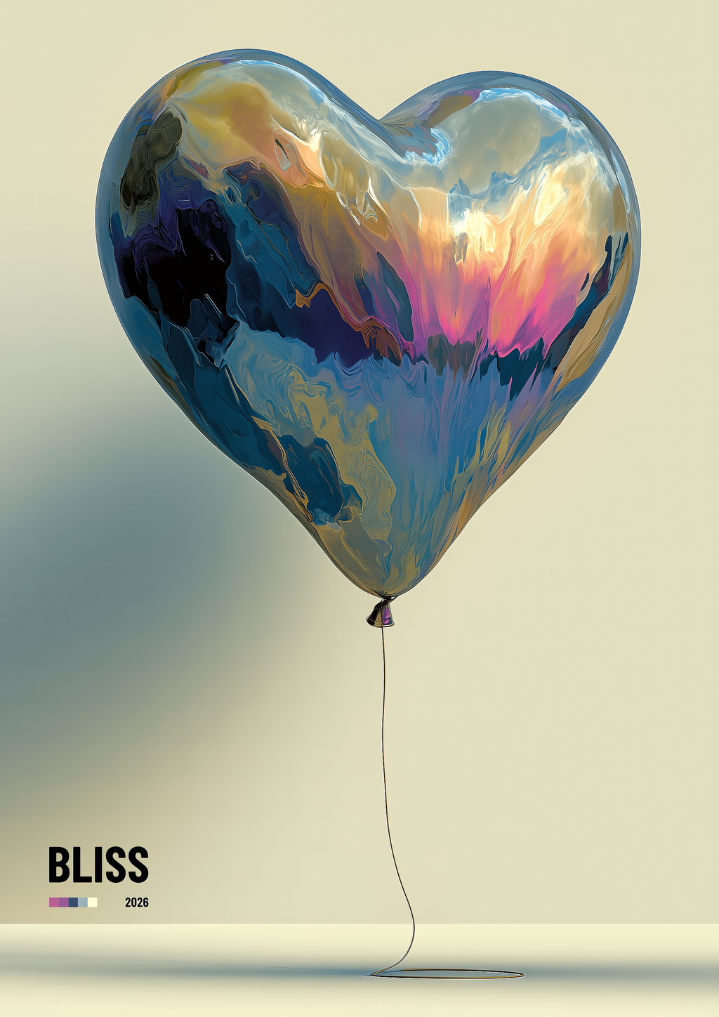 Bliss – marmorierter Herzballon blau rosa gold | 3D-Illustration-Optik – eleganter Kunstdruck
