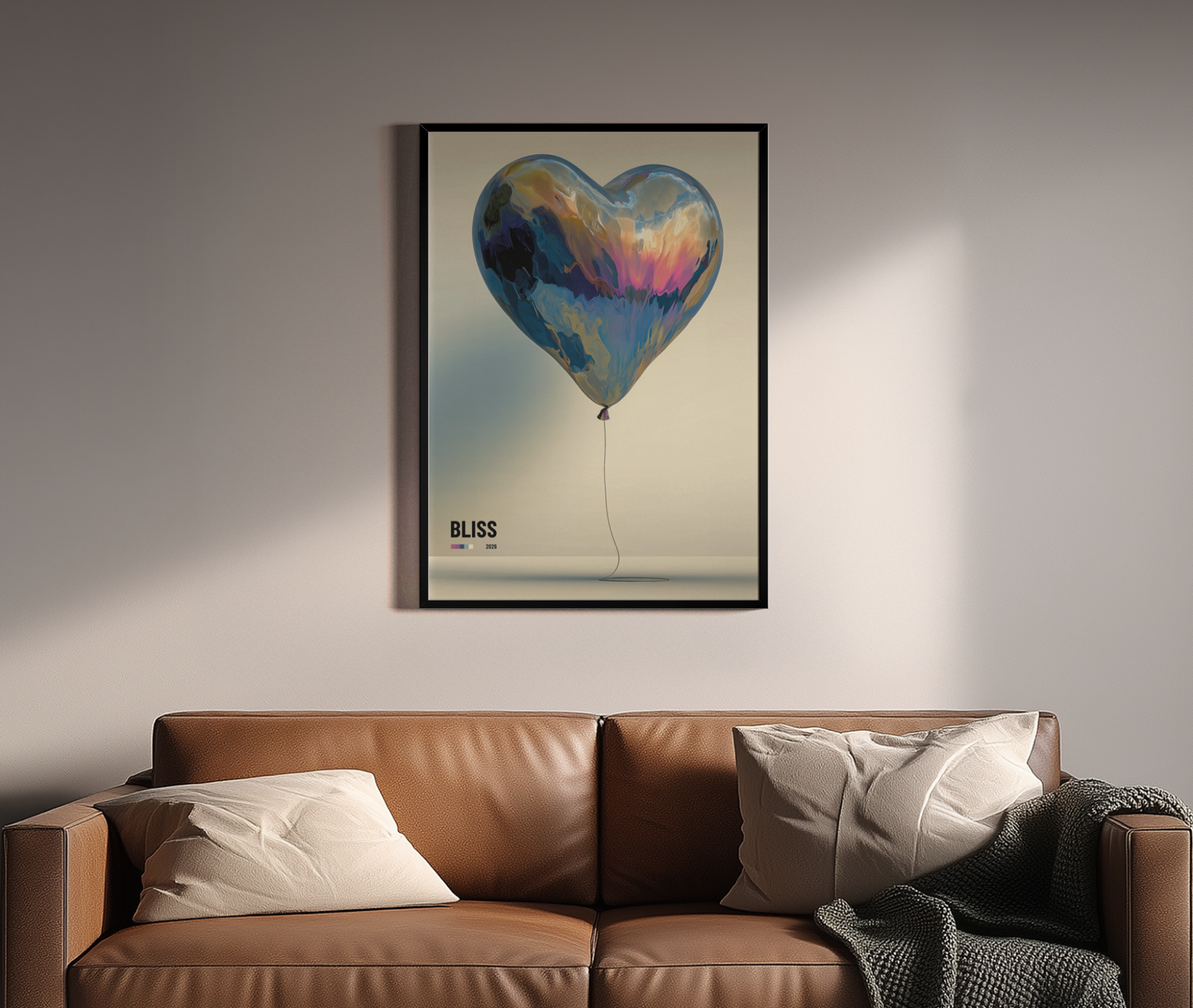 Bliss – Herzballon Fluid Art schwebend creme | 3D-Art-Stil – Poster im schwarzen Rahmen