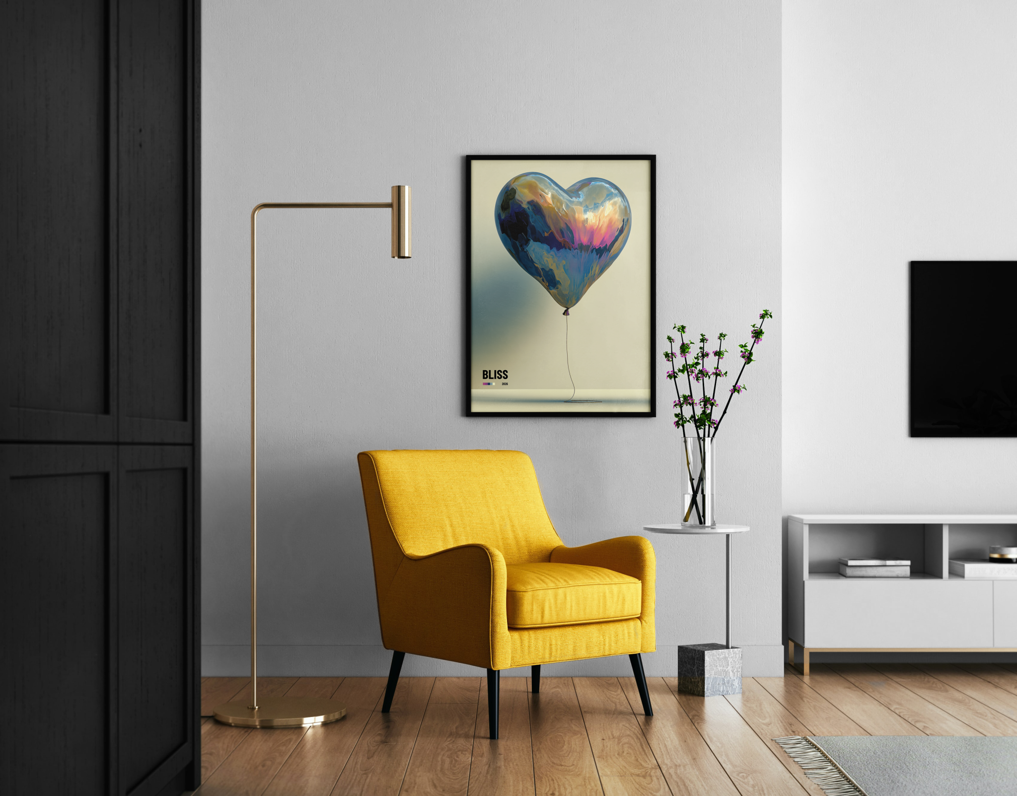 Bliss – schwebender Herzballon Fluid-Art Wanddekoration | Fluid-Art-Kunstdruck – Wandbild im modernen Wohnzimmer