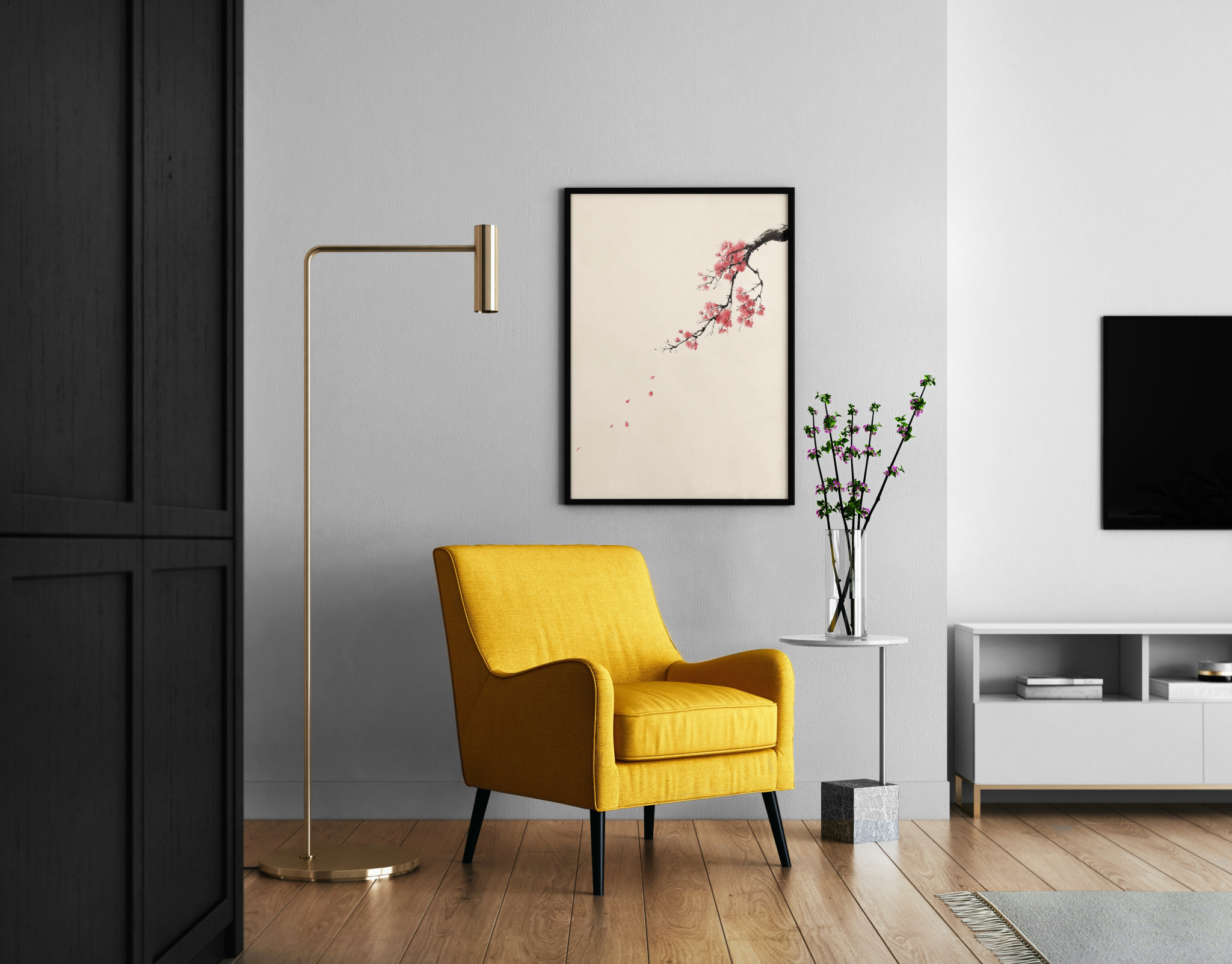 BLOOM – Kirschblüten-Ast, fallende Blütenblätter, japanische Tusche, Beige – Wandbild im modernen Wohnzimmer