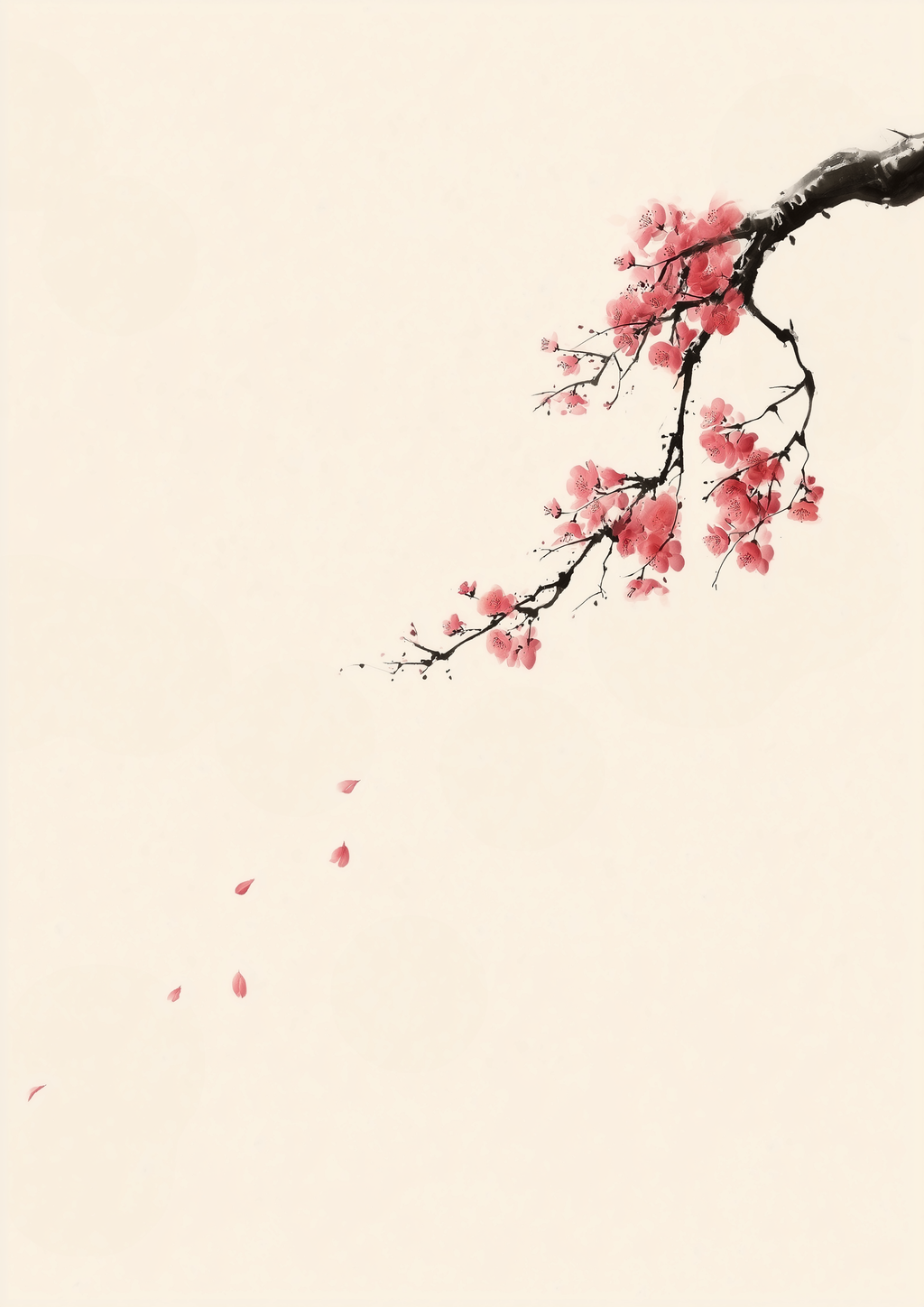 BLOOM – Kirschblüten-Ast, fallende Blütenblätter, japanische Tusche, Beige – eleganter Kunstdruck