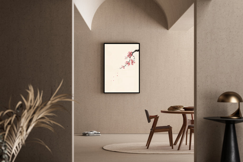 BLOOM – Kirschblüten-Ast, fallende Blütenblätter, japanische Tusche, Beige – Poster im Esszimmer