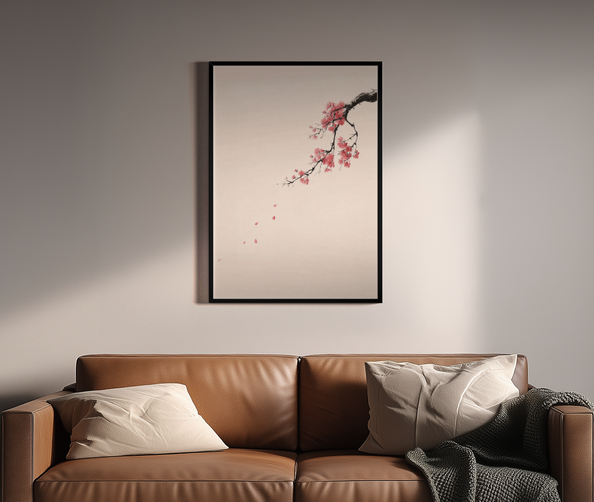 BLOOM – Kirschblüten-Ast, fallende Blütenblätter, japanische Tusche, Beige – Wandbild über braunem Ledersofa