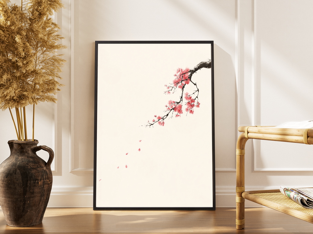BLOOM – Kirschblüten-Ast, fallende Blütenblätter, japanische Tusche, Beige – gerahmtes Poster kaufen