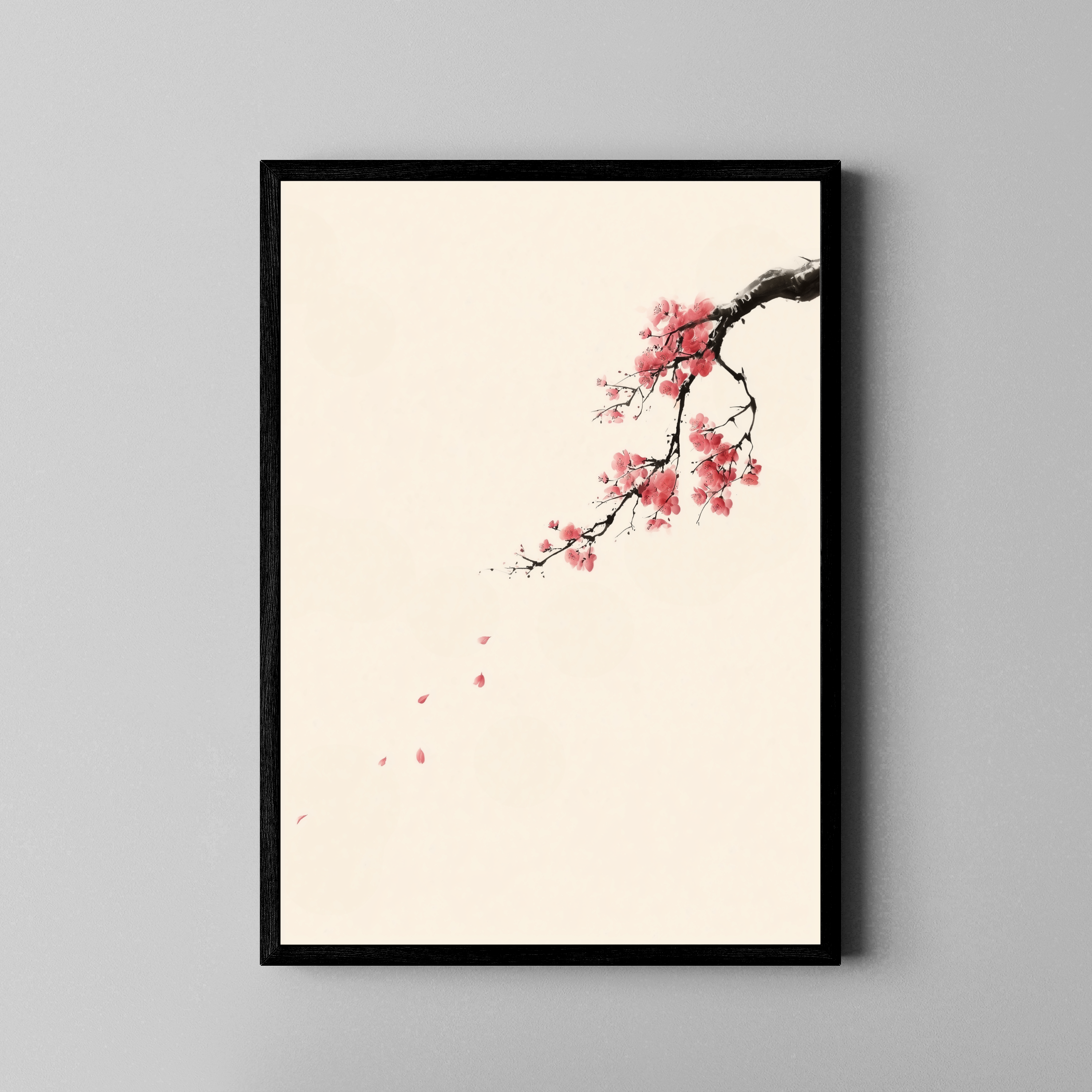 BLOOM – Kirschblüten-Ast, fallende Blütenblätter, japanische Tusche, Beige – Poster im schwarzen Rahmen