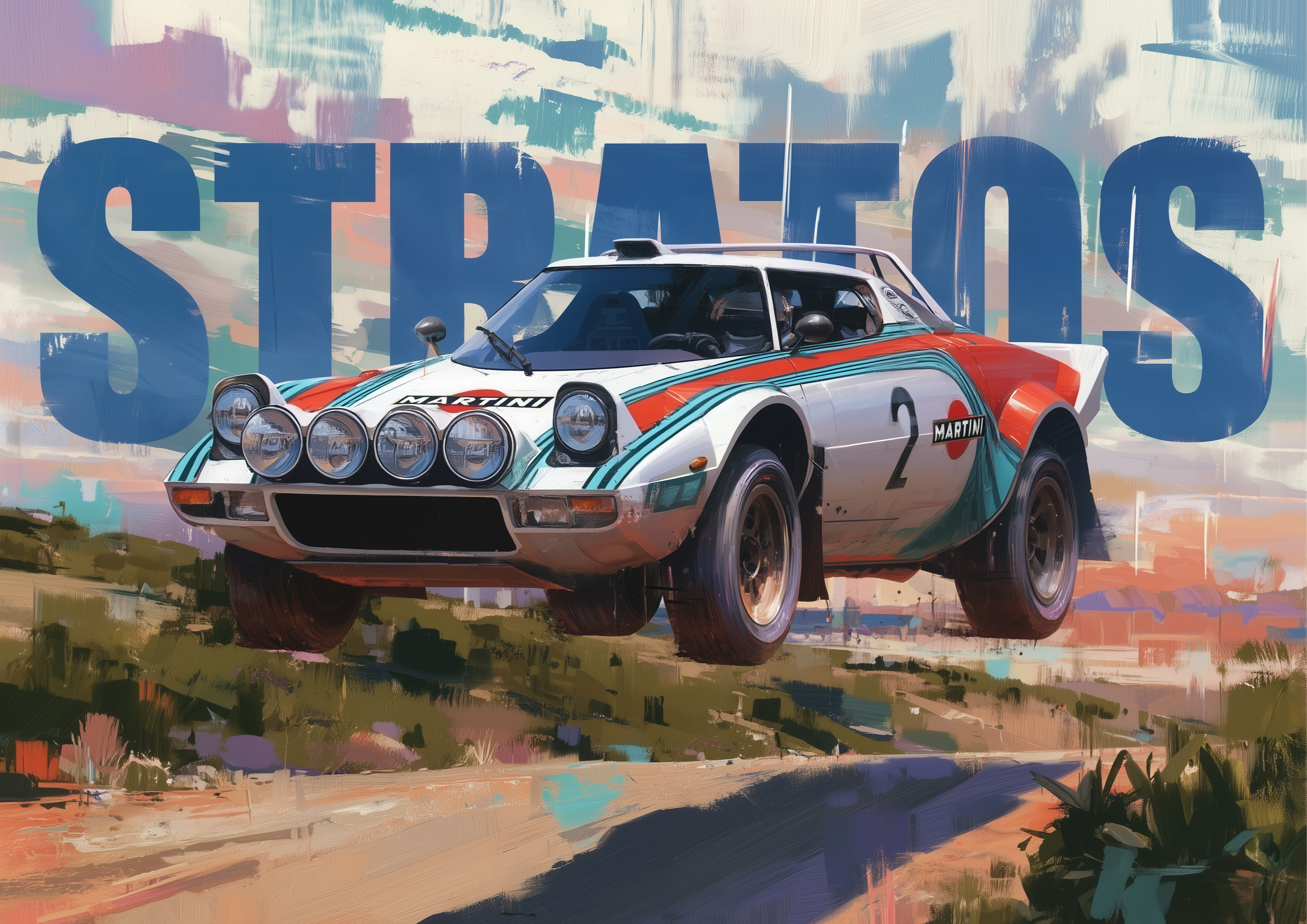 Stratos – Lancia Stratos Martini springt über Schotterpiste | Ölgemälde-Optik – eleganter Kunstdruck