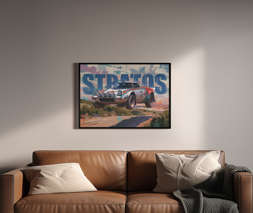 Stratos – Lancia Stratos fliegt über Schotterkurs bunt | Illustration-Kunstdruck – Poster im Wohnbereich