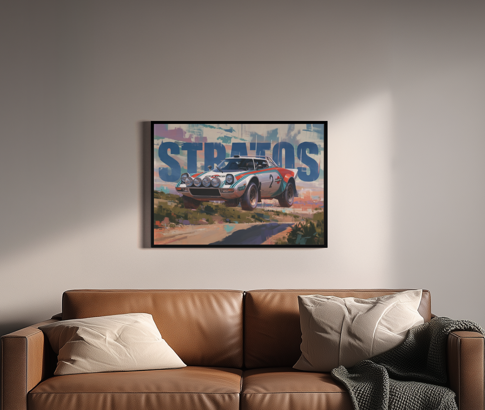 Stratos – Lancia Stratos fliegt über Schotterkurs bunt | Illustration-Kunstdruck – Poster im Wohnbereich