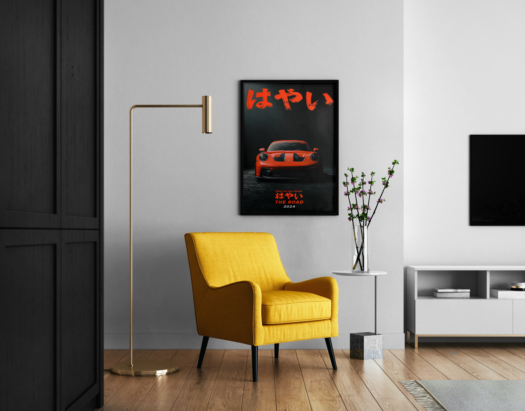 Born for the Road – Porsche 911 GT3 Drama schwarz orange | Urban-Art-Kunstdruck – Wandbild im modernen Wohnzimmer