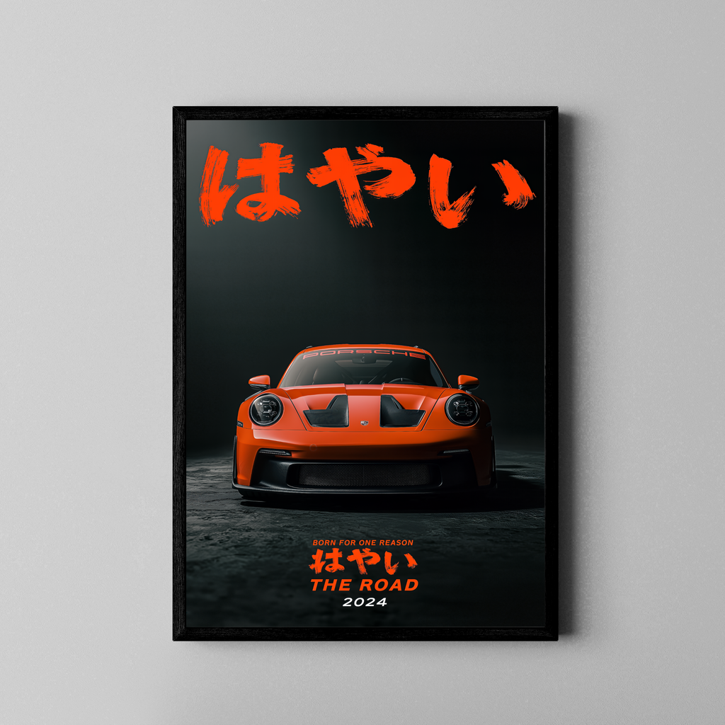 Born for the Road – Porsche GT3 japanische Kalligrafie | Poster-Art-Stil – Poster im schwarzen Rahmen