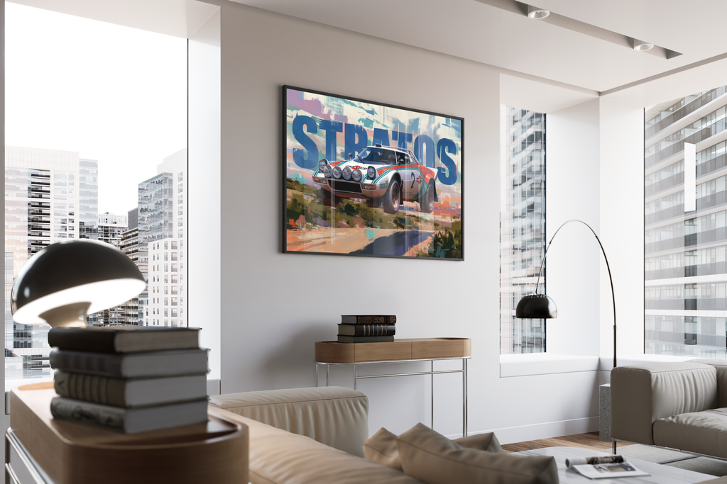 Stratos – Lancia Stratos Martini Wanddekoration Motorsport | Retro-Ölgemälde – gerahmtes Poster kaufen