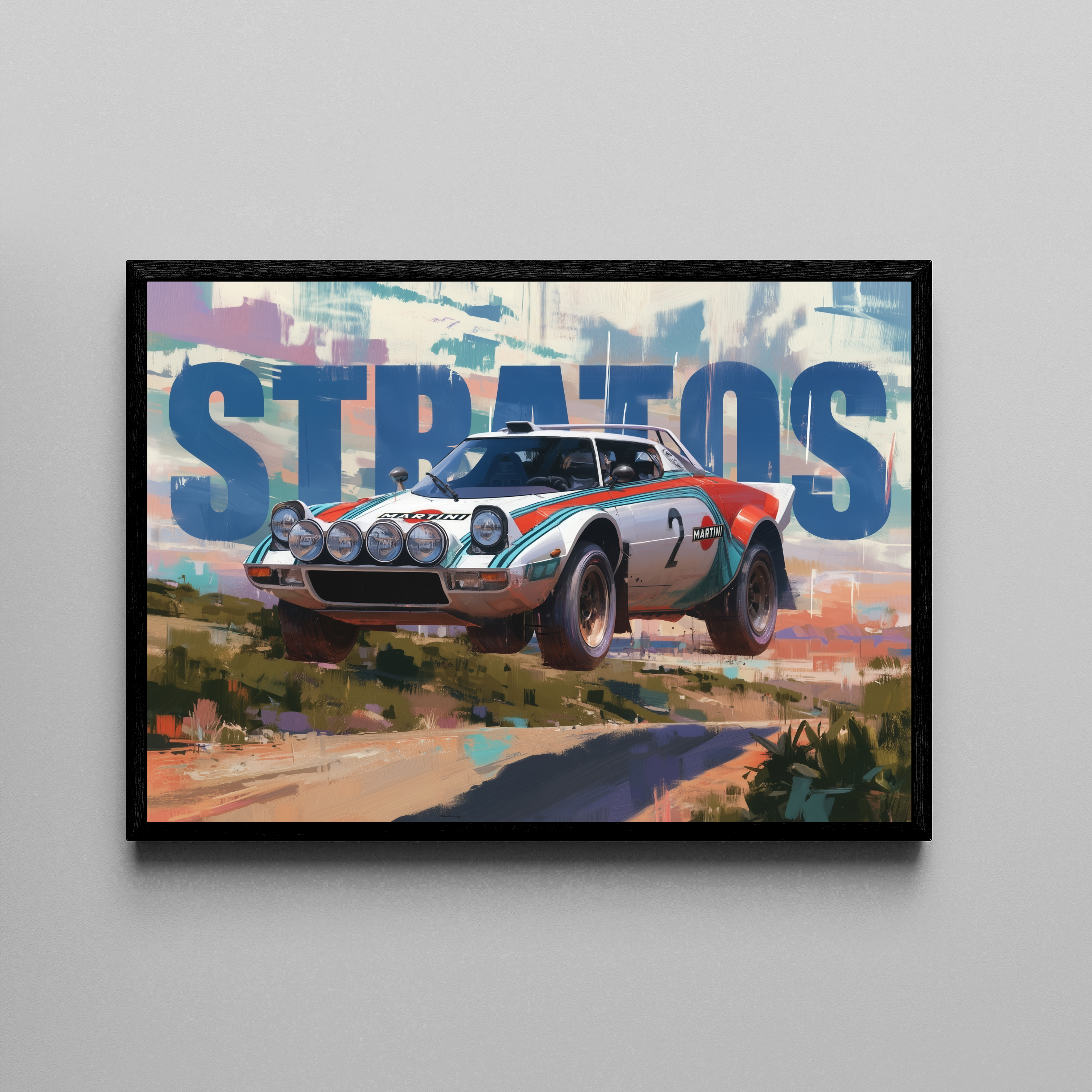 Stratos – Lancia Stratos WRC Rallye-Sprung Martini-Lackierung | Ölgemälde-Stil Fine Art – Poster im schwarzen Rahmen