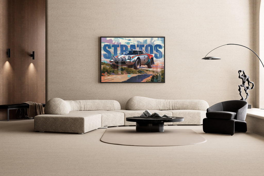 Stratos – Lancia Stratos Nr. 2 Rallye-Legende Kunstdruck | Ölgemälde-Illustration – Wandbild im modernen Wohnzimmer