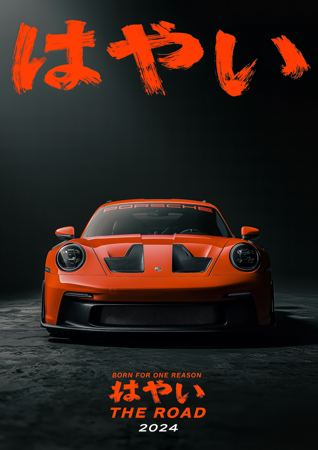 Born for the Road – Porsche 911 GT3 orange frontal | Japan-Poster-Optik – eleganter Kunstdruck