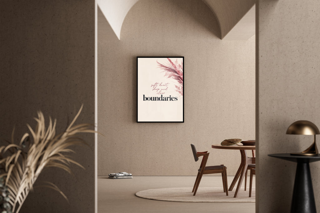 Boundaries – Motivationsspruch Pampagras Boho Schlafzimmer | Aquarell-Botanical-Optik – Poster im Esszimmer