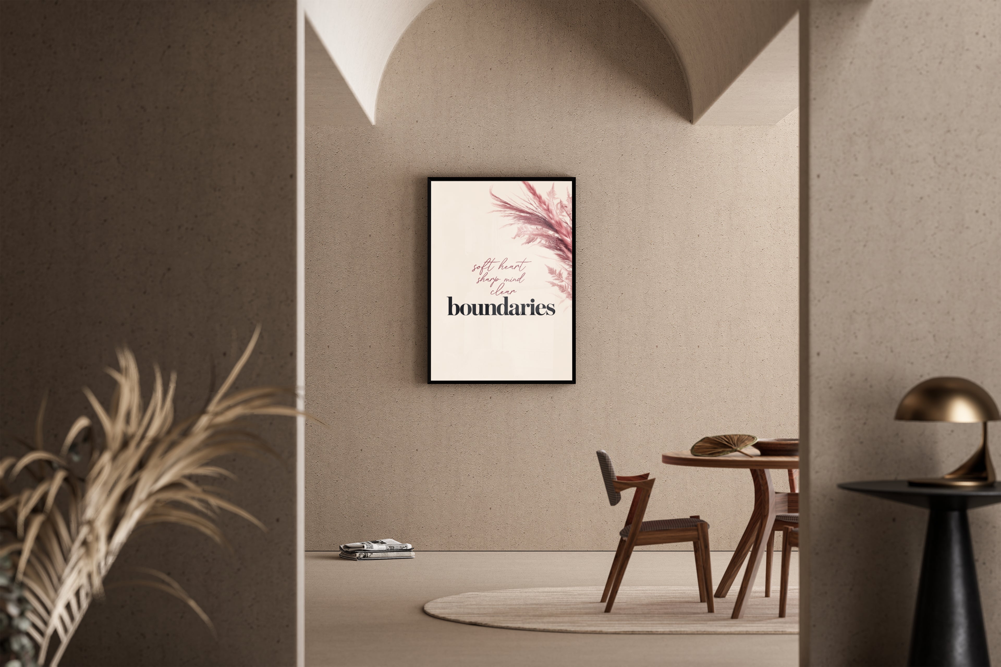 Boundaries – Motivationsspruch Pampagras Boho Schlafzimmer | Aquarell-Botanical-Optik – Poster im Esszimmer