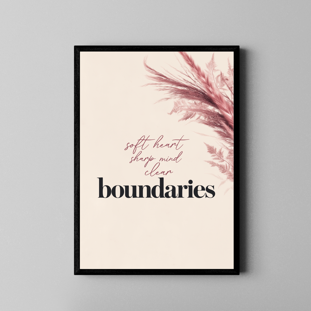 Boundaries – Boho-Typografie Pampagras Spruch Wanddeko | Fine Art Poster Script-Schrift – Poster im schwarzen Rahmen