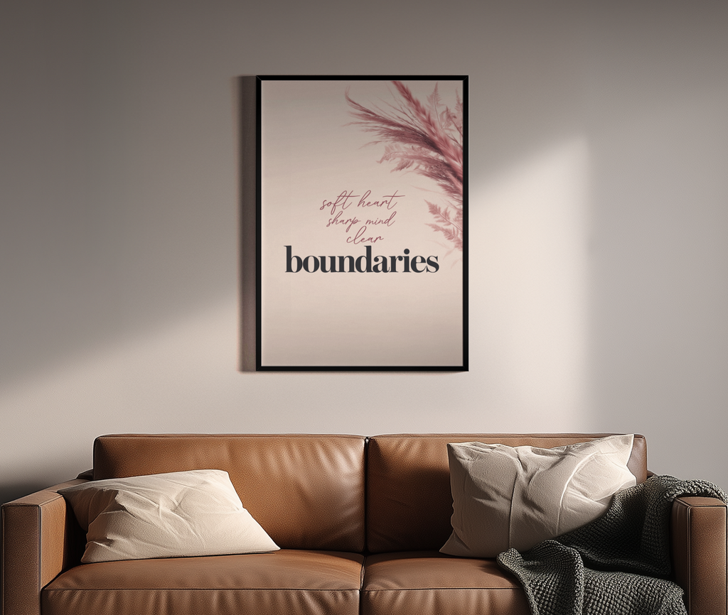 Boundaries – feminines Zitat-Poster Pampagras mauve-rosa | Botanical-Illustration-Stil – Wandbild über braunem Ledersofa