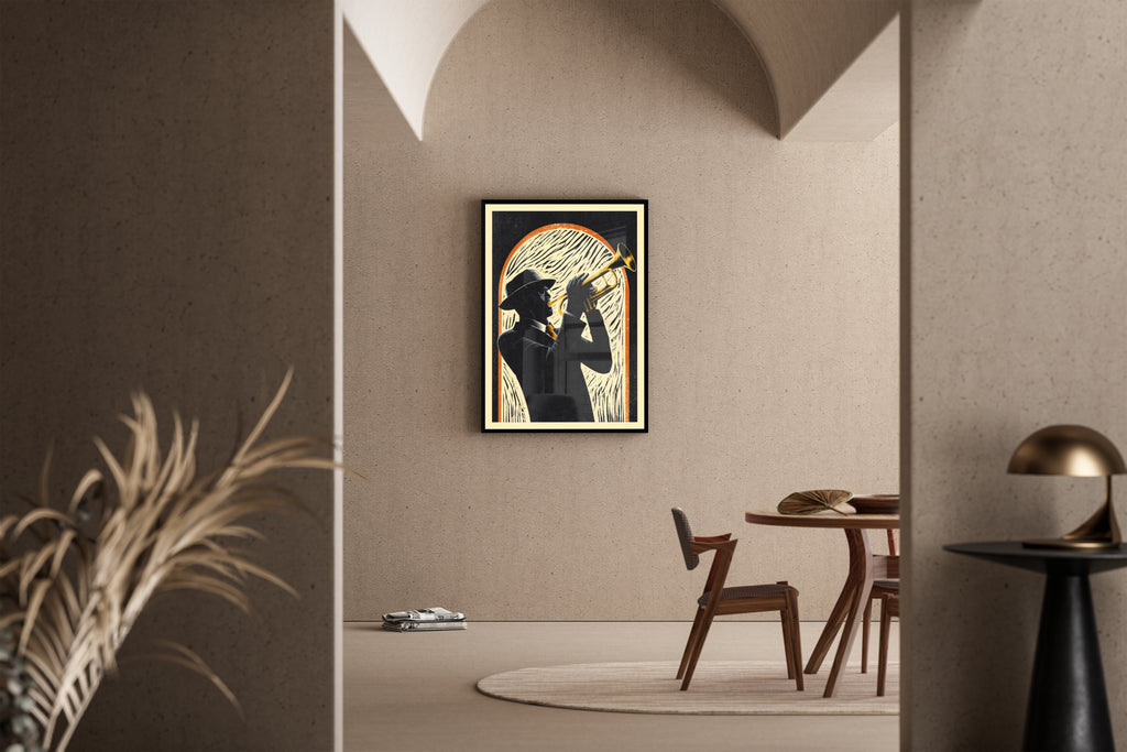 Brazz Soul – Trompeter mit Fedora spielt Soul-Jazz | Vintage-Siebdruck-Stil – Poster im Esszimmer