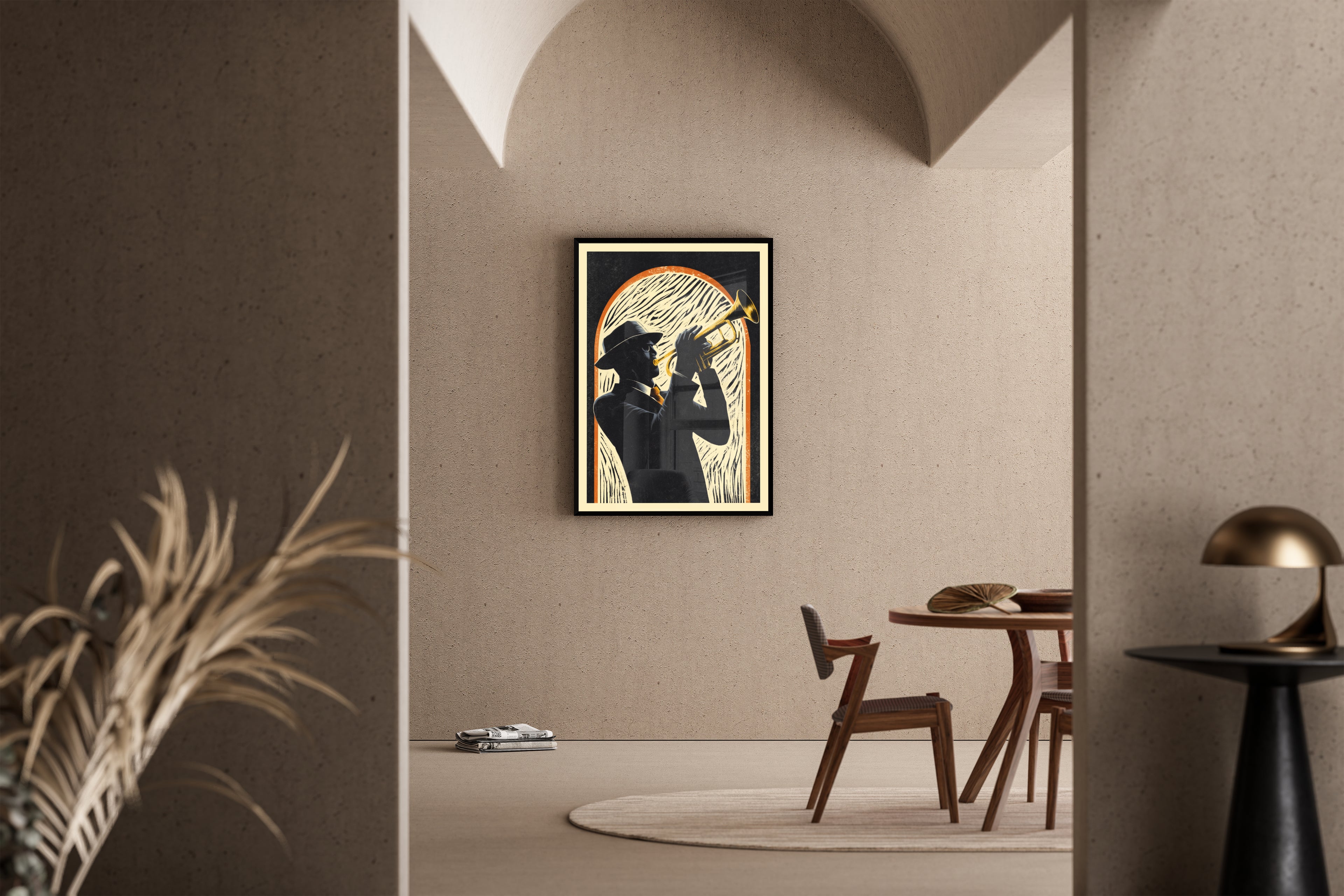 Brazz Soul – Trompeter mit Fedora spielt Soul-Jazz | Vintage-Siebdruck-Stil – Poster im Esszimmer