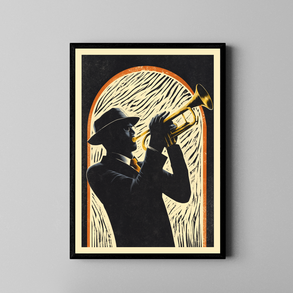 Brazz Soul – Trompeter im Hut vor Rundbogen | Linolschnitt-Stil Fine Art Poster – Poster im schwarzen Rahmen