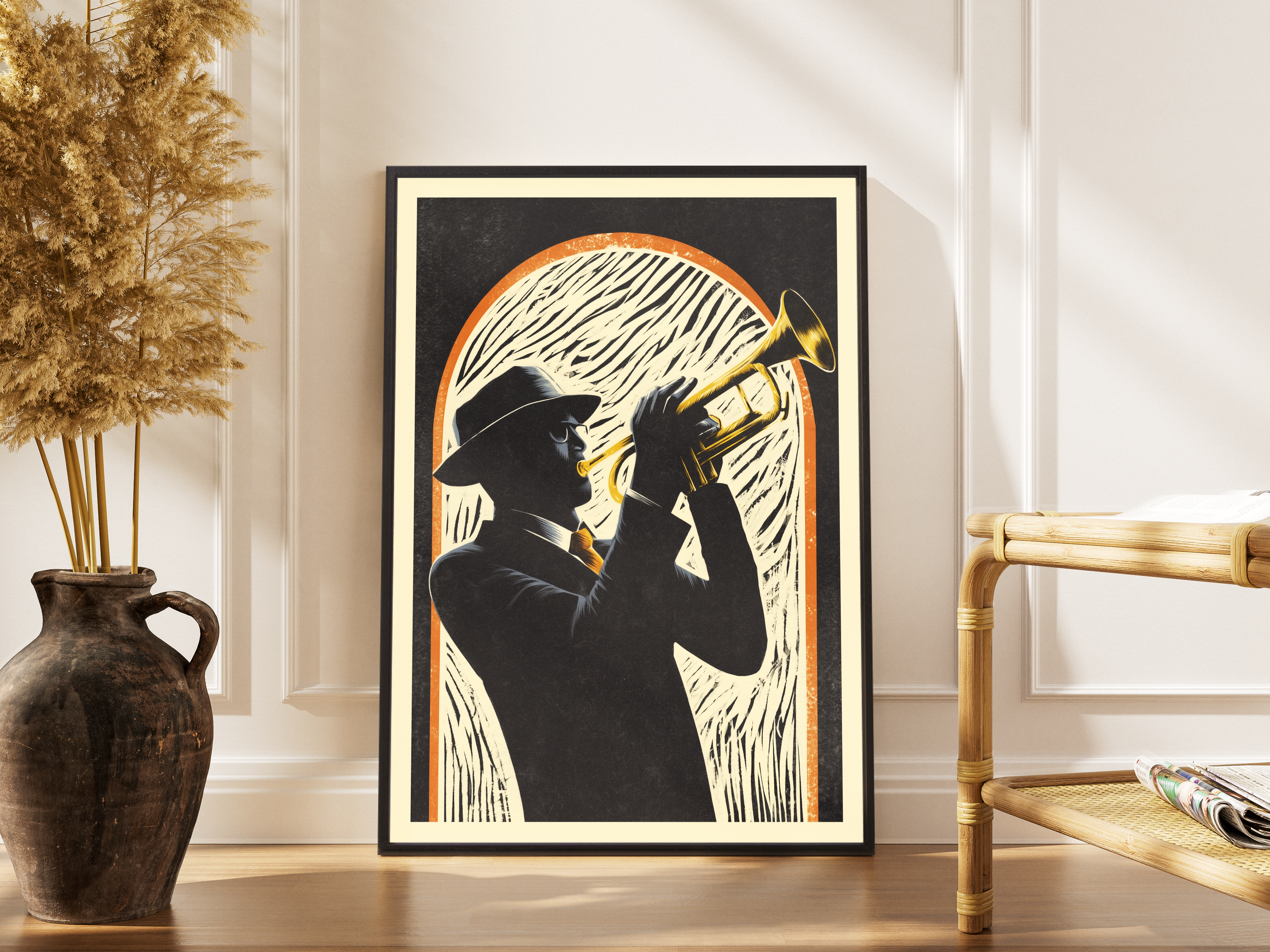 Brazz Soul – Jazztrompeter Wanddekoration Retro-Musikposter | Linolschnitt-Kunstdruck – gerahmtes Poster kaufen